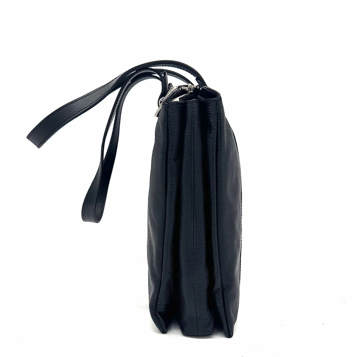Black genuine leather Karya Tatiana shoulder tote with smooth center panel and silver hardware