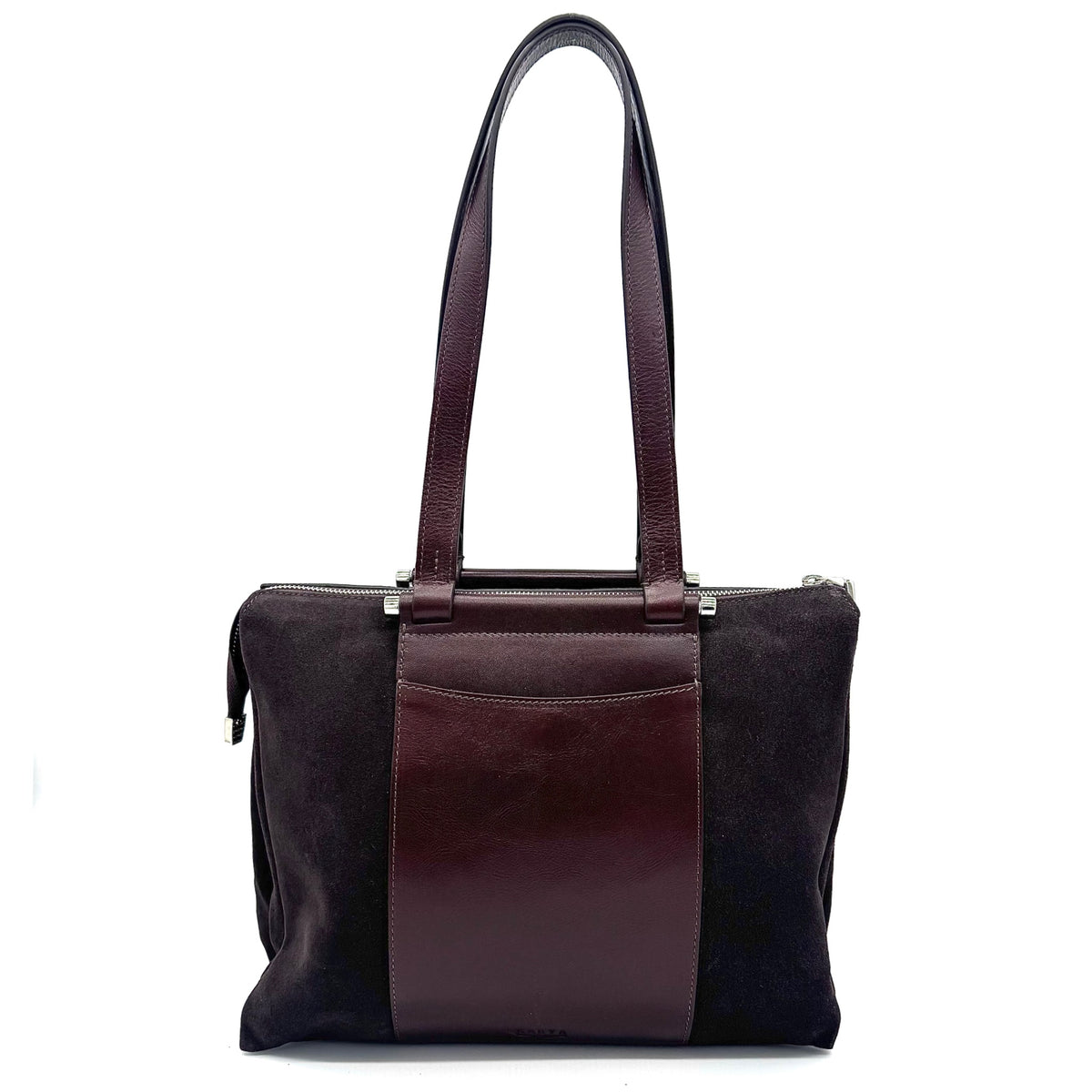 Brown suede and leather Karya Tatiana shoulder tote with contrast panel detail