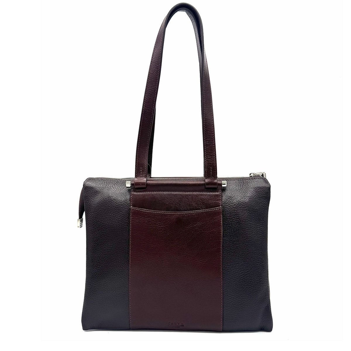 Brown genuine leather Karya Tatiana shoulder tote with smooth center panel and silver hardware
