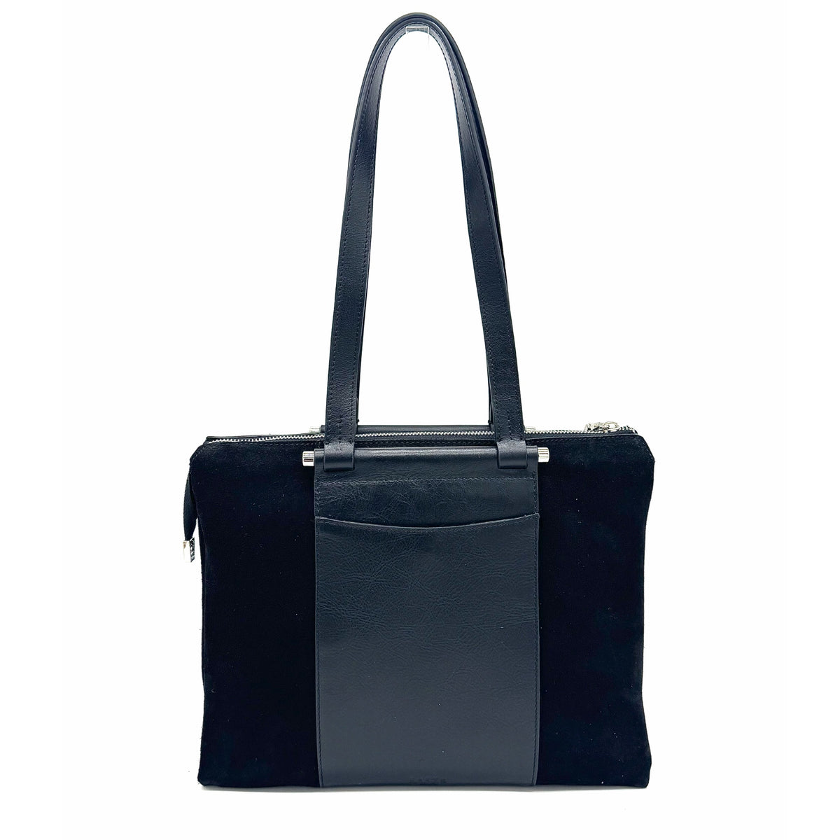Black suede and leather Karya Tatiana shoulder tote with contrast panel detail