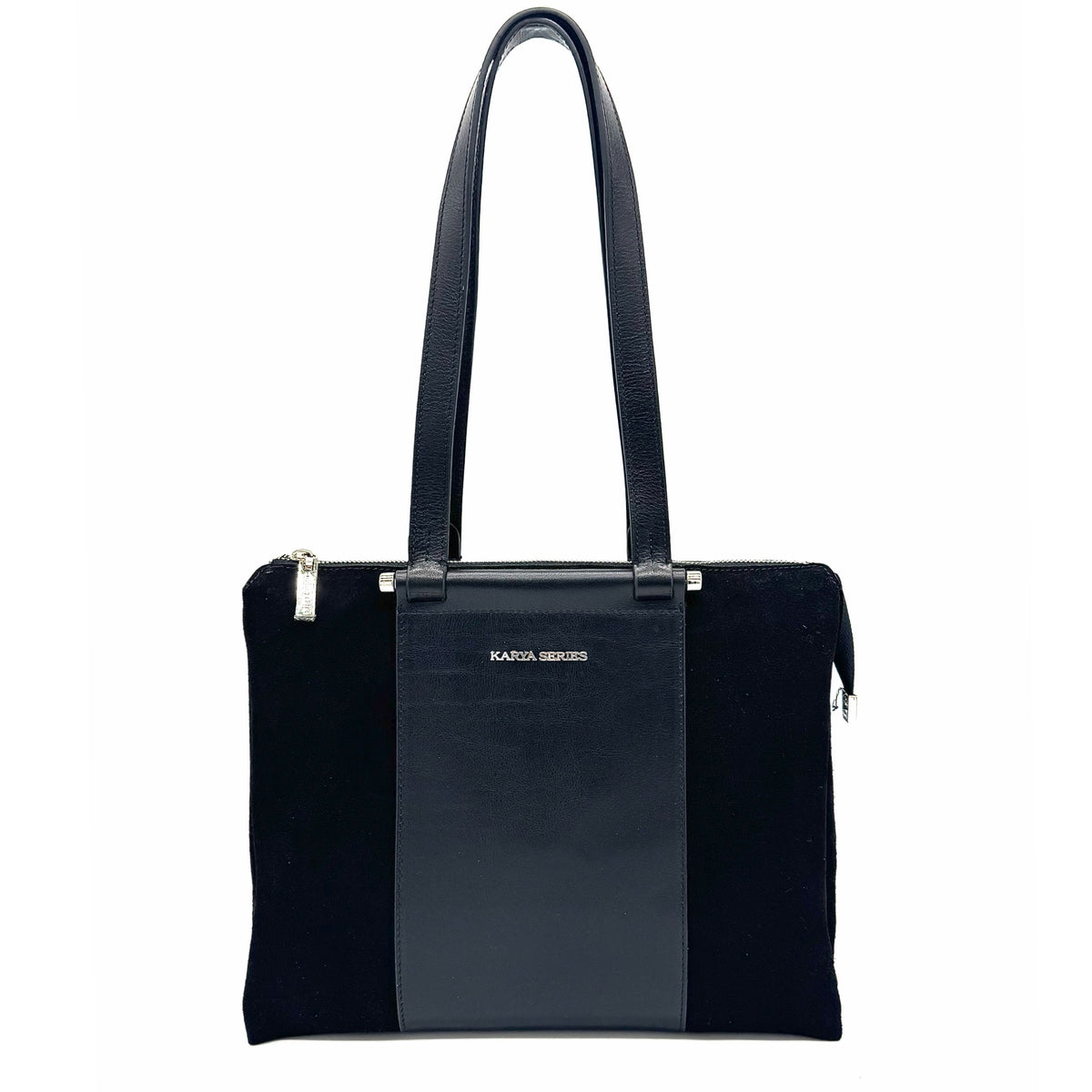 Black suede and leather Karya Tatiana shoulder tote with contrast panel detail