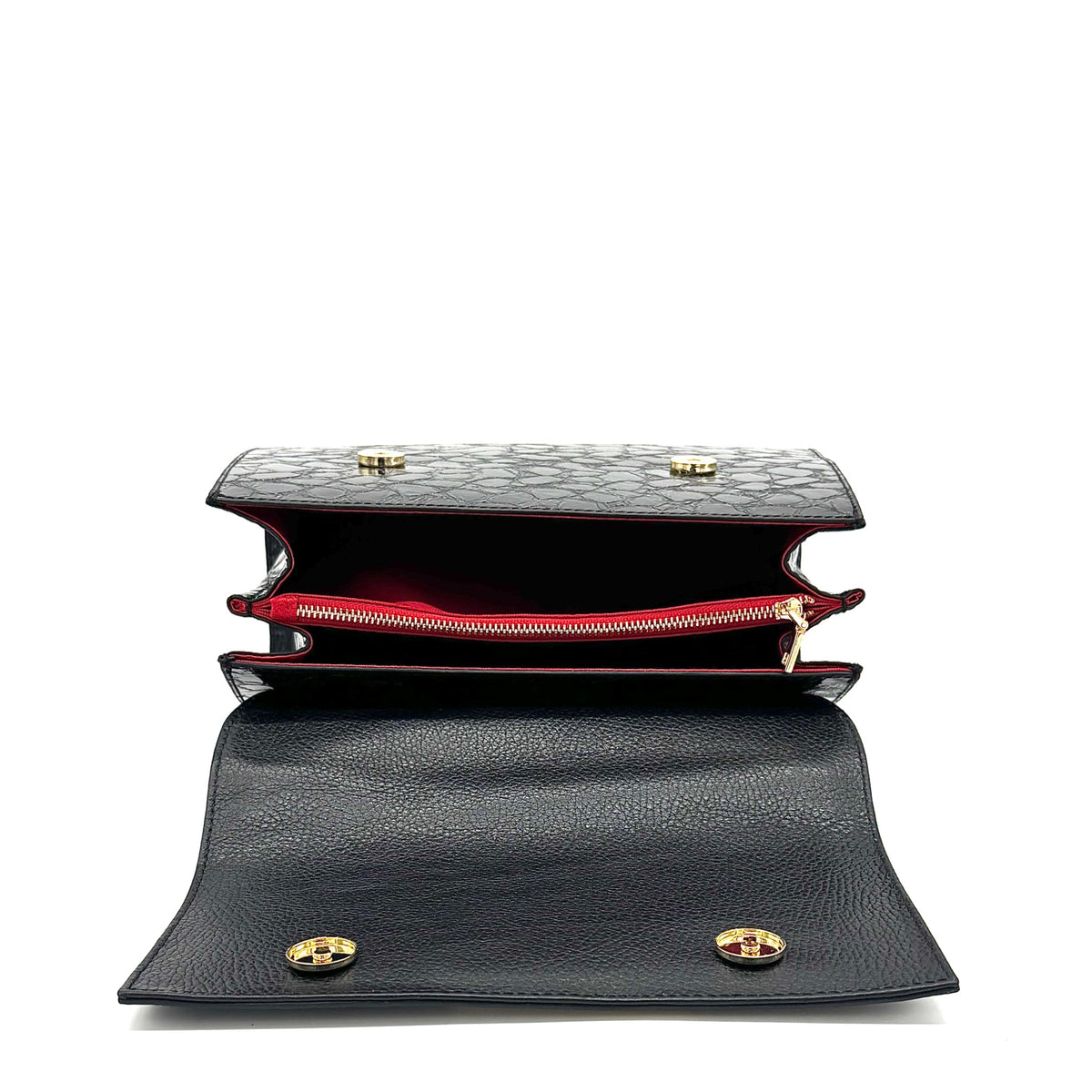Black patent croc-embossed Karya Vera top handle satchel with gold clasp hardware