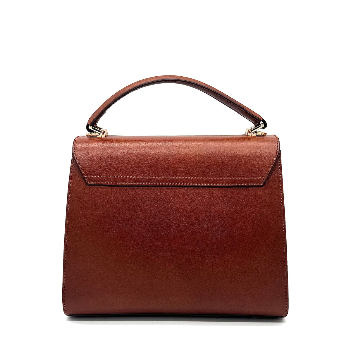 Cognac genuine leather Karya Vera top handle satchel with gold hardware and detachable crossbody strap