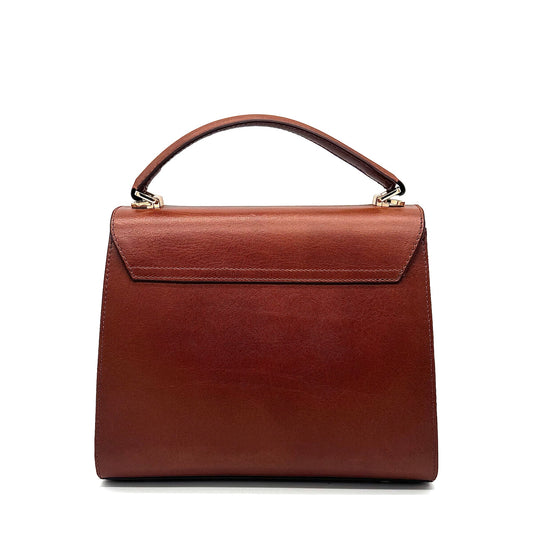 Cognac genuine leather Karya Vera top handle satchel with gold hardware and detachable crossbody strap