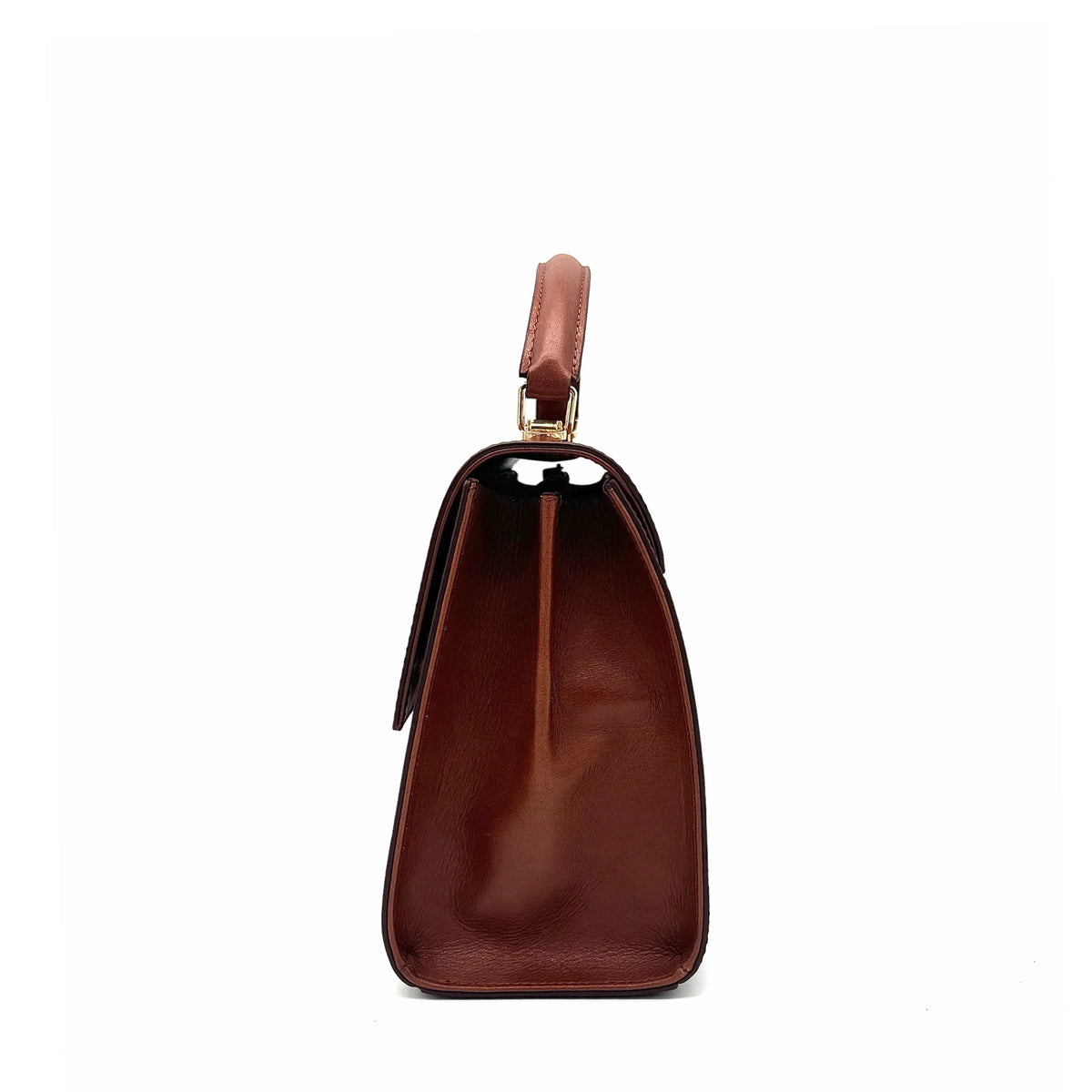 Cognac genuine leather Karya Vera top handle satchel with gold hardware and detachable crossbody strap
