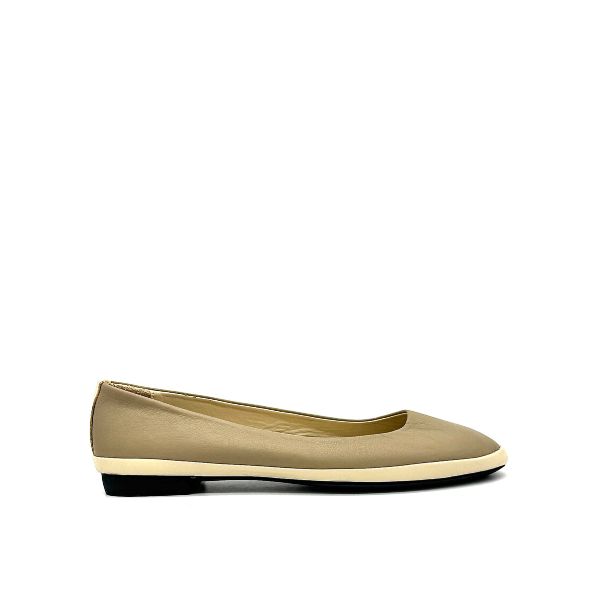 MAGO 602-1310 genuine leather pointed-toe ballet flat in taupe with contrast trim, side view