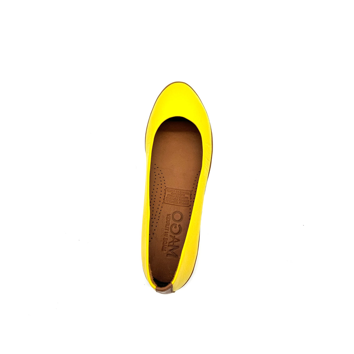 MAGO 602-1310 genuine leather pointed-toe ballet flat in yellow with contrast trim, top view