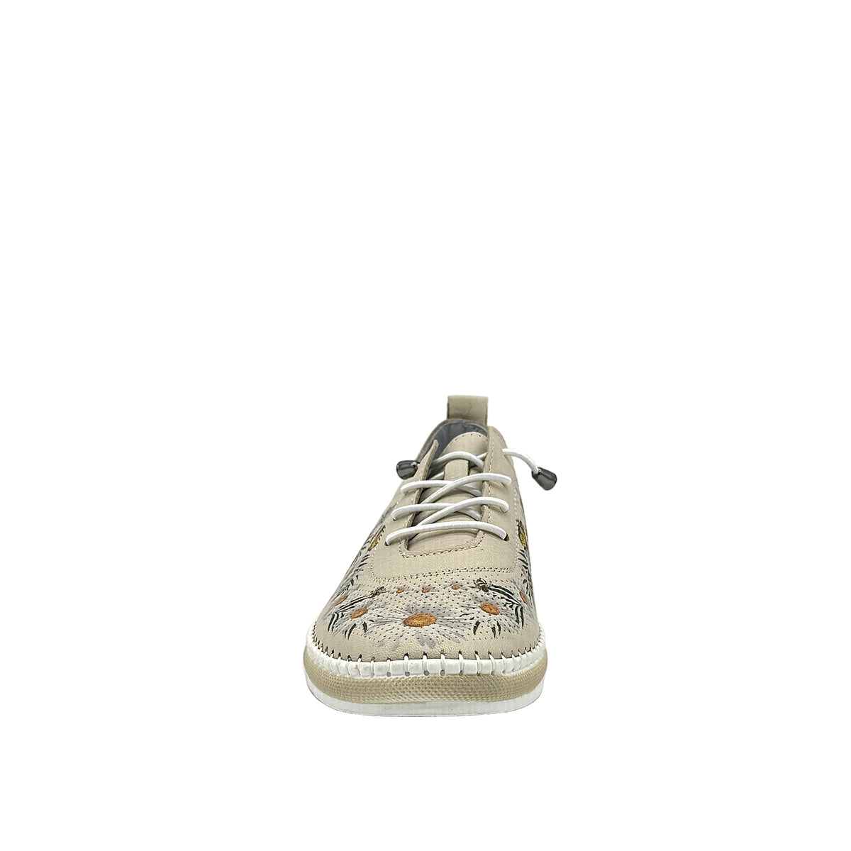 Beige: Mastic Soul 26111 floral print perforated leather sneaker in beige with daisy and butterfly print and color-matched sole, side view