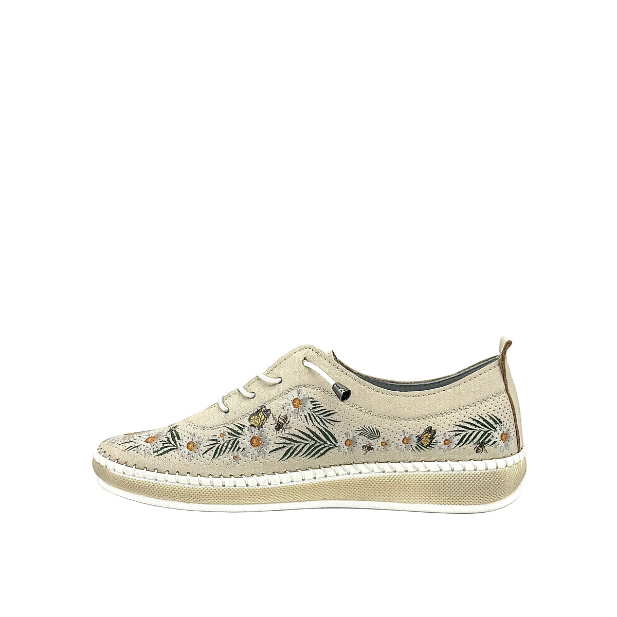 Beige: Mastic Soul 26111 floral print perforated leather sneaker in beige with daisy and butterfly print and color-matched sole, side view