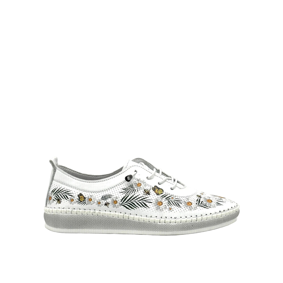 White: Mastic Soul 26111 floral print perforated leather sneaker in white with daisy and butterfly print and grey sole, side view