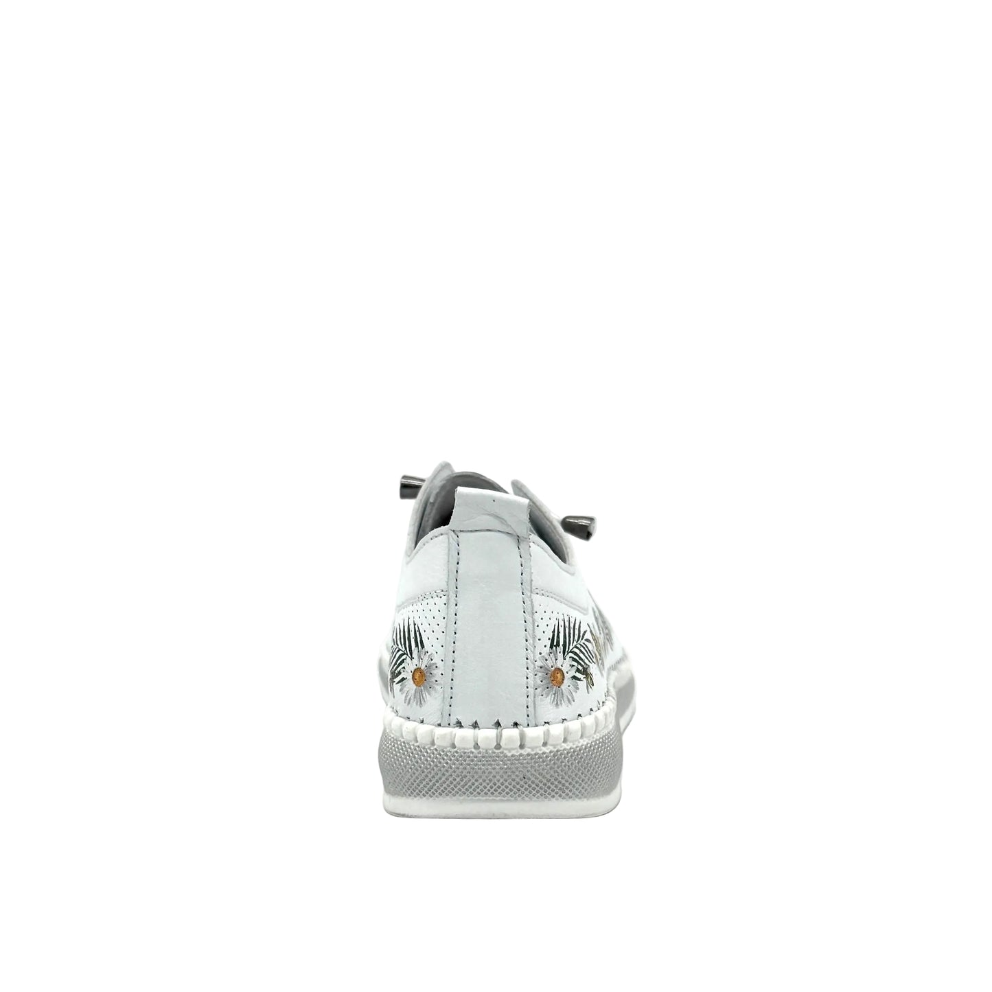 White: Mastic Soul 26111 floral print perforated leather sneaker in white with daisy and butterfly print and grey sole, side view