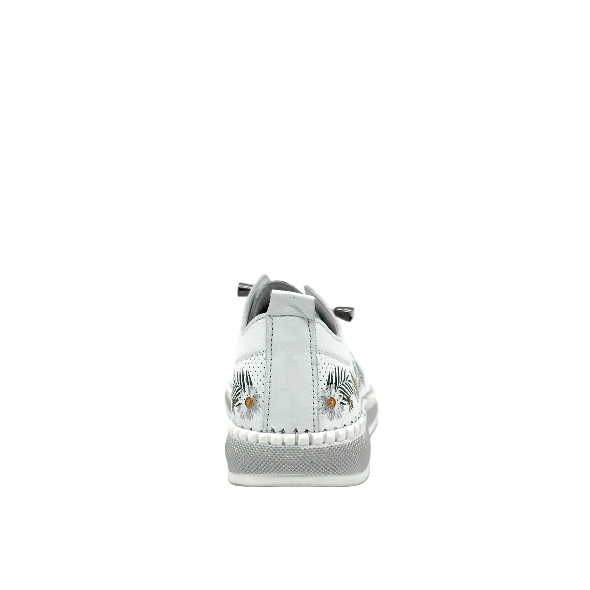 White: Mastic Soul 26111 floral print perforated leather sneaker in white with daisy and butterfly print and grey sole, side view