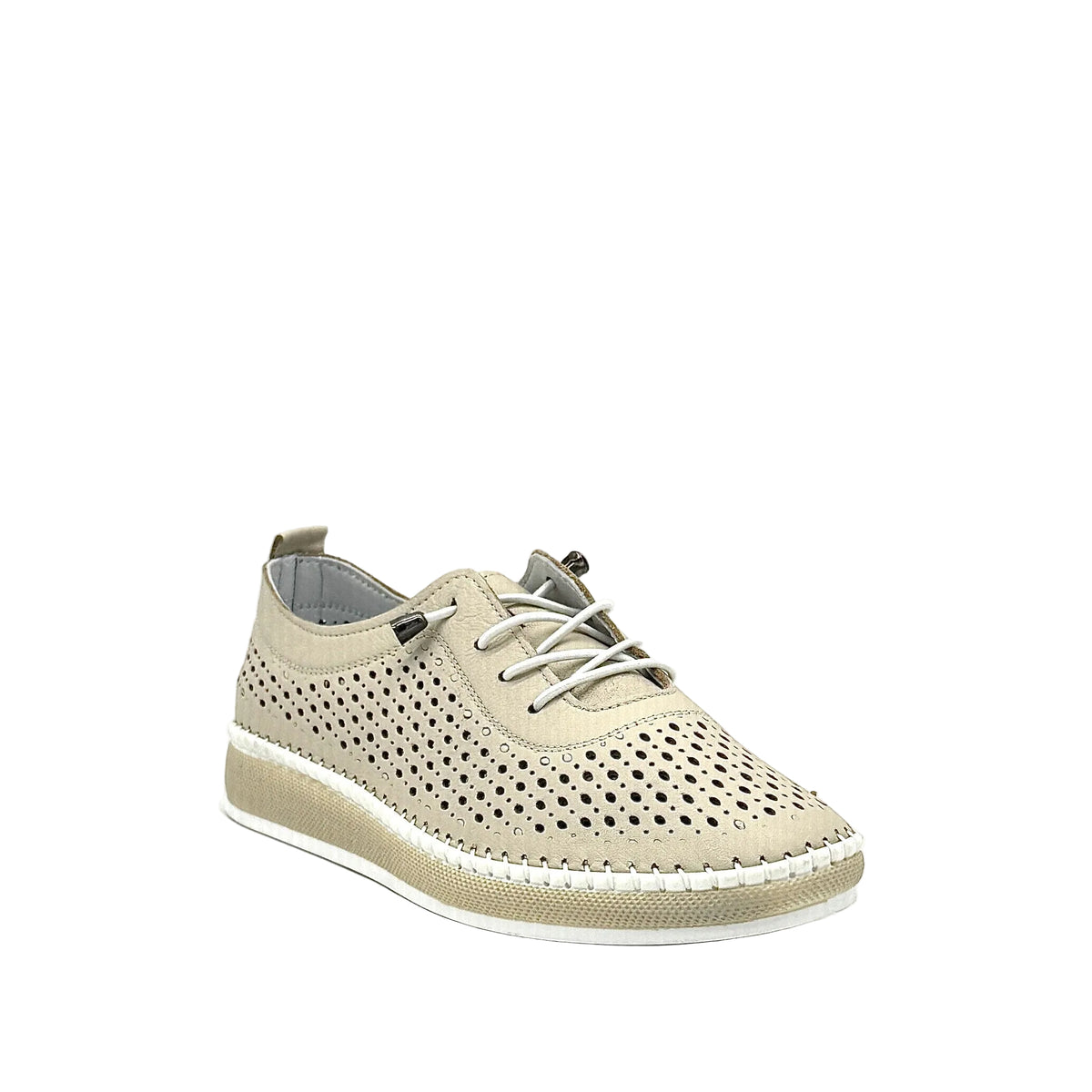 Beige: Mastic Soul 26127 perforated leather lace-up sneaker in beige with hand-stitched midsole detail, side view