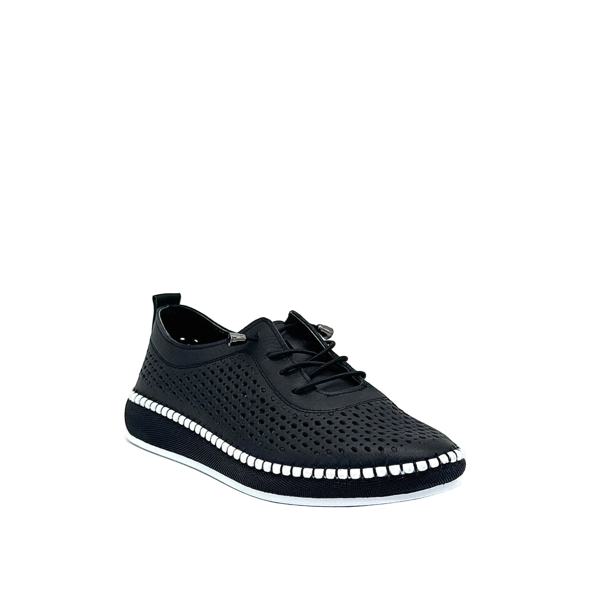 Black: Mastic Soul 26127 perforated leather lace-up sneaker in black with hand-stitched midsole detail, side view