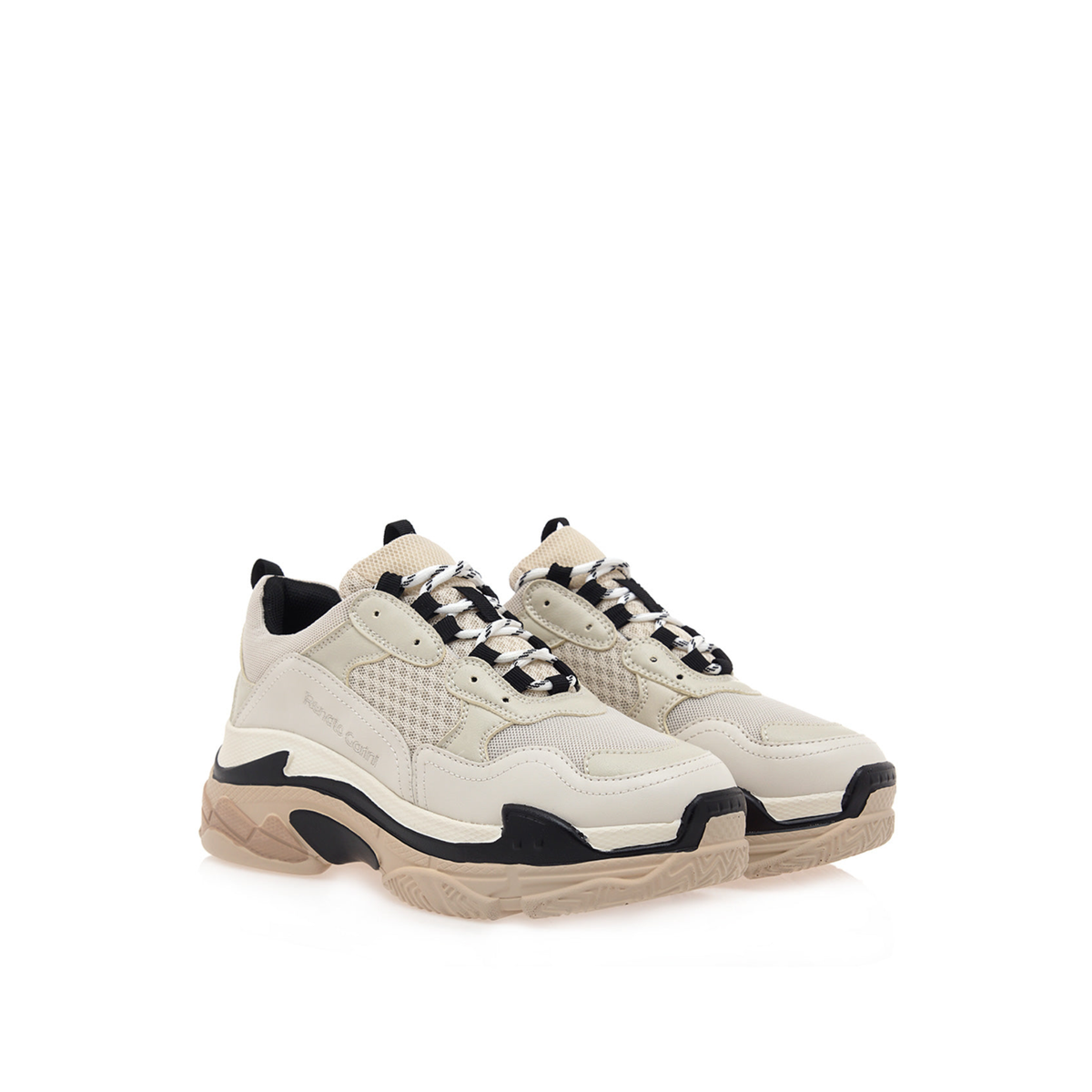 Pair of Renato Garini 007-03AAV beige chunky sneakers at a three-quarter angle, showing patterned laces and black sole accents
