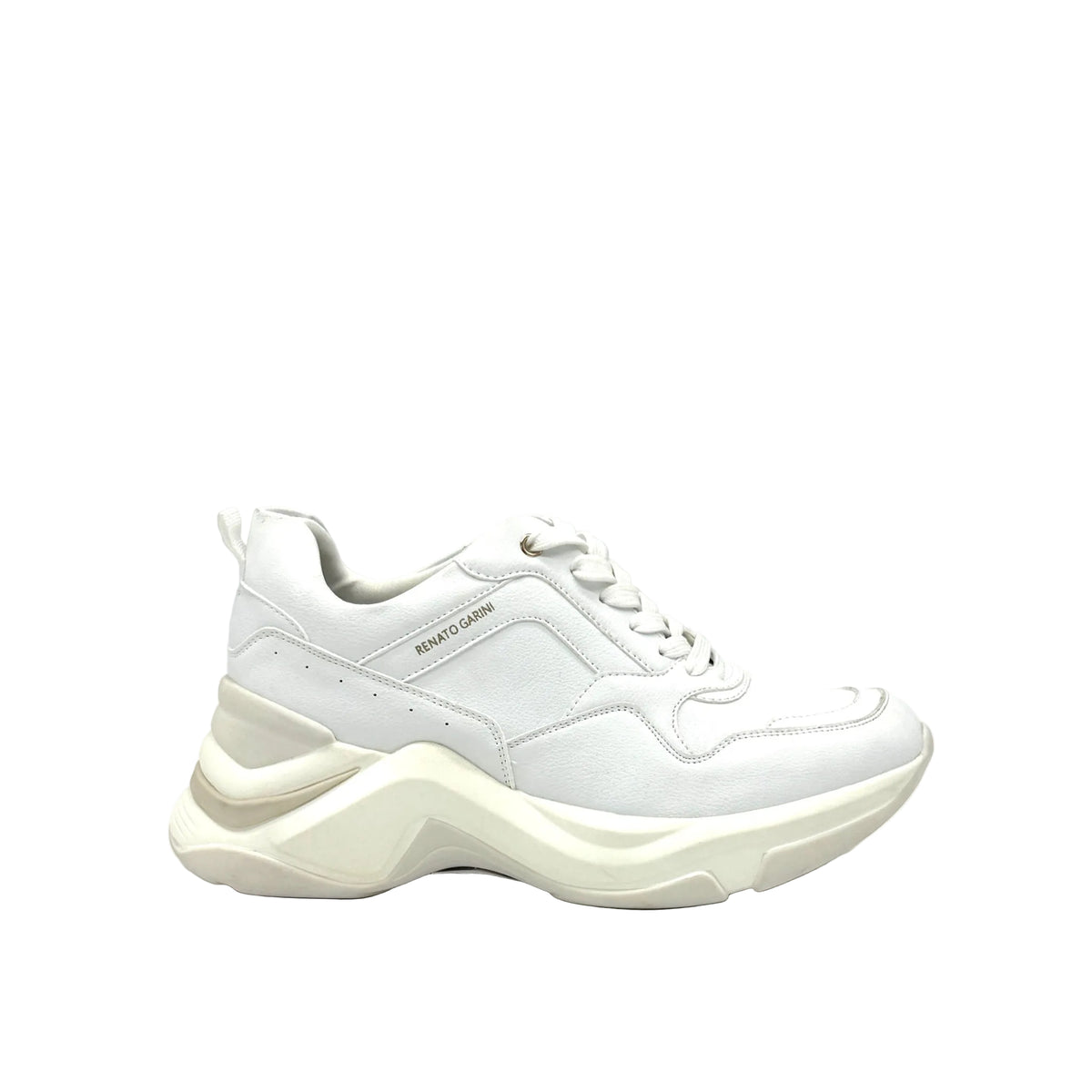 White: Renato Garini 106-21 EX117 chunky fashion sneaker in White with sculptural wave sole, side view