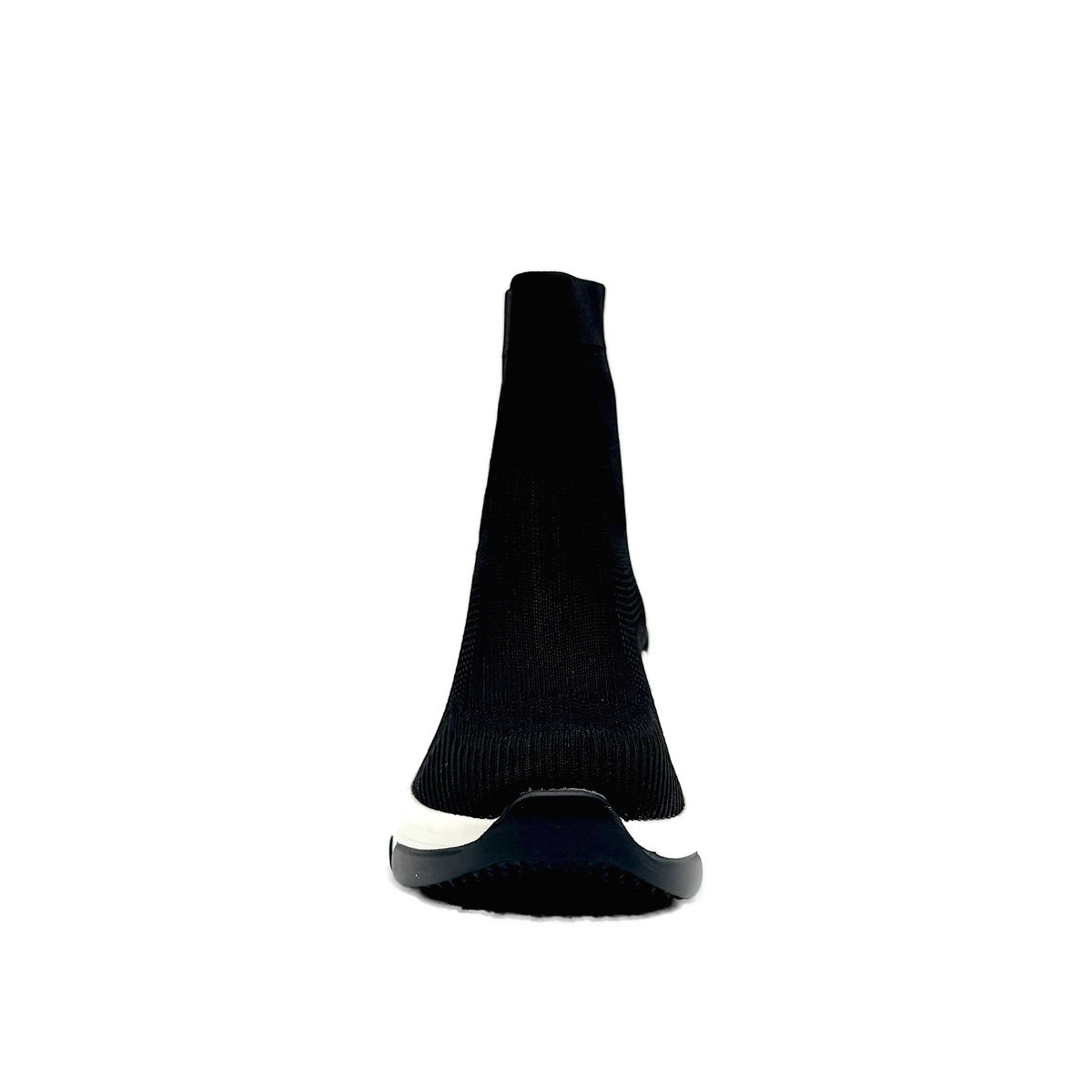 Renato Garini 106-62RG-88 black knit platform sneaker boot with white sole, front view with rounded toe