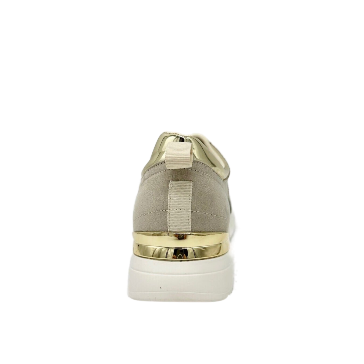 Rear view of Renato Garini 2111 beige wedge sneaker showing metallic heel band and pull tab