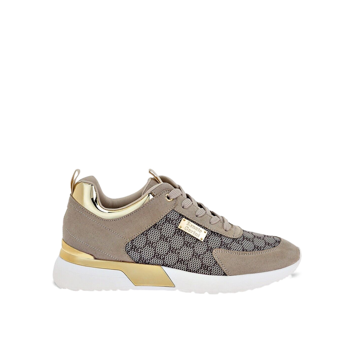 Renato Garini 2111 beige lace-up wedge sneaker with dark patterned panels and gold-tone trim, side profile