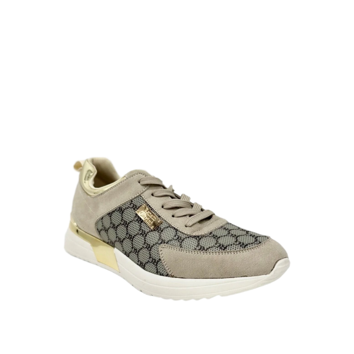 Renato Garini 2111 beige patterned wedge sneaker at a three-quarter angle, showing tonal laces and metallic accents