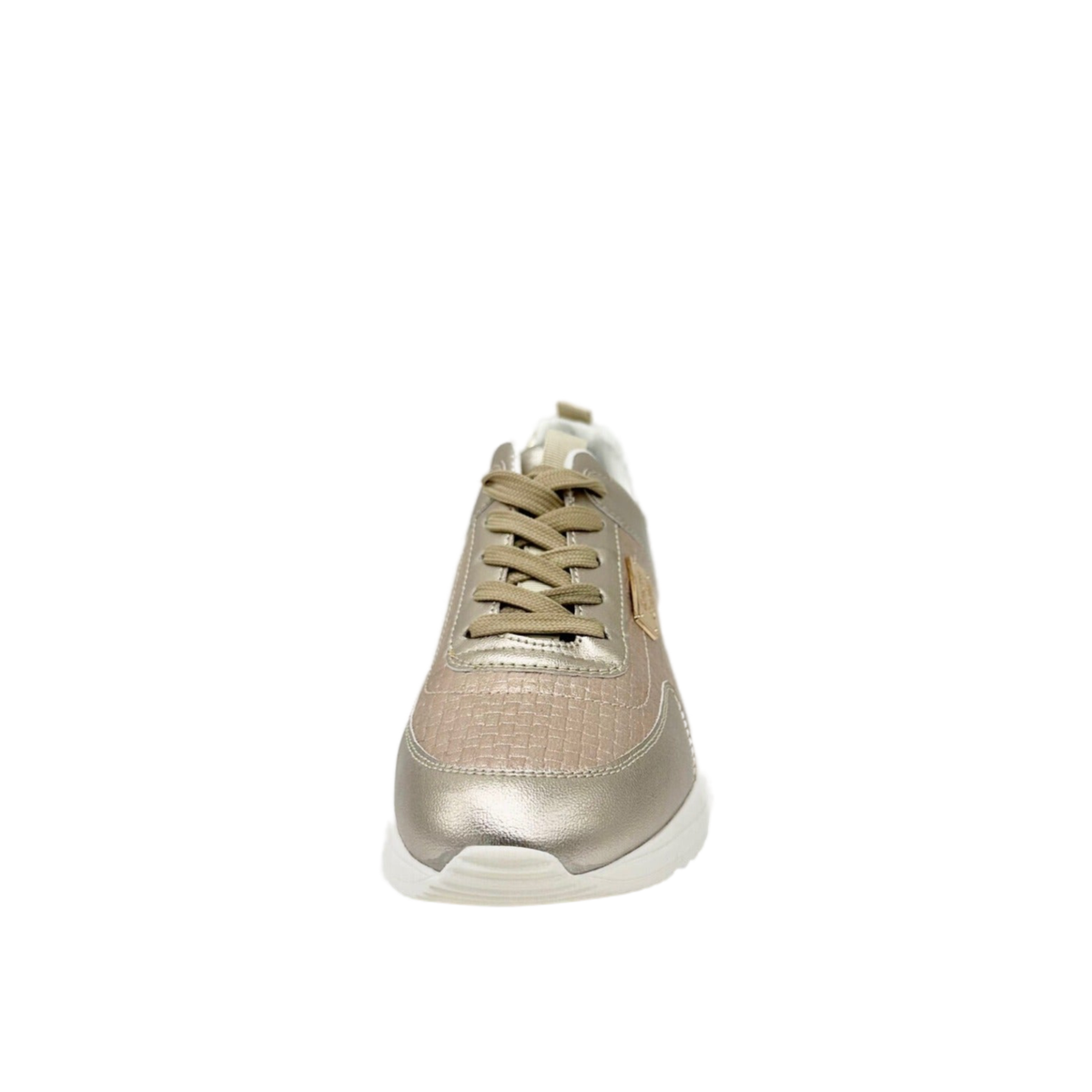 Front view of Renato Garini 2111 platinum wedge sneaker showing rounded toe and shimmering textured panel