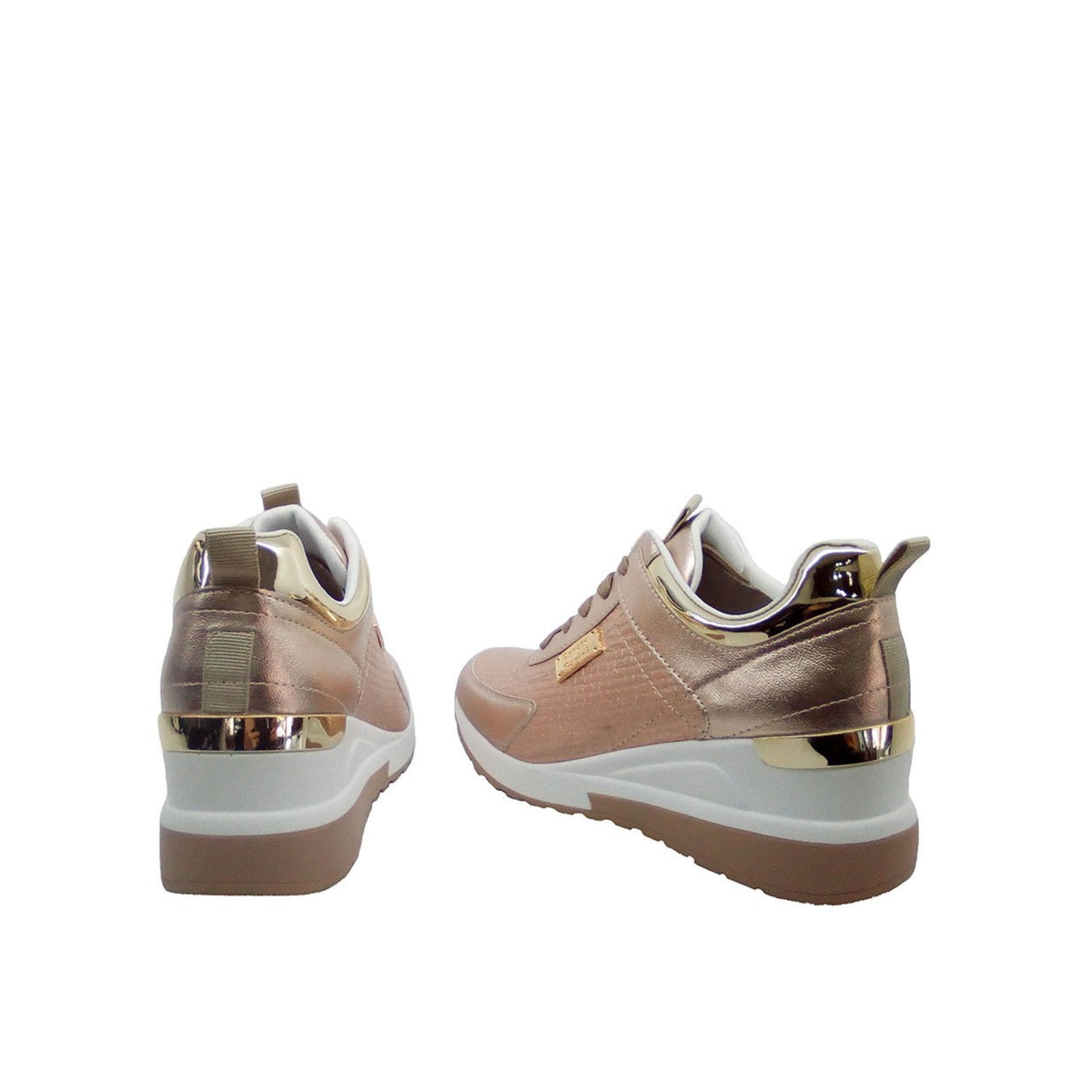RENATO GARINI 2218 metallic gold platform sneakers, rear view of the pair showing reflective heel accents and pull tabs