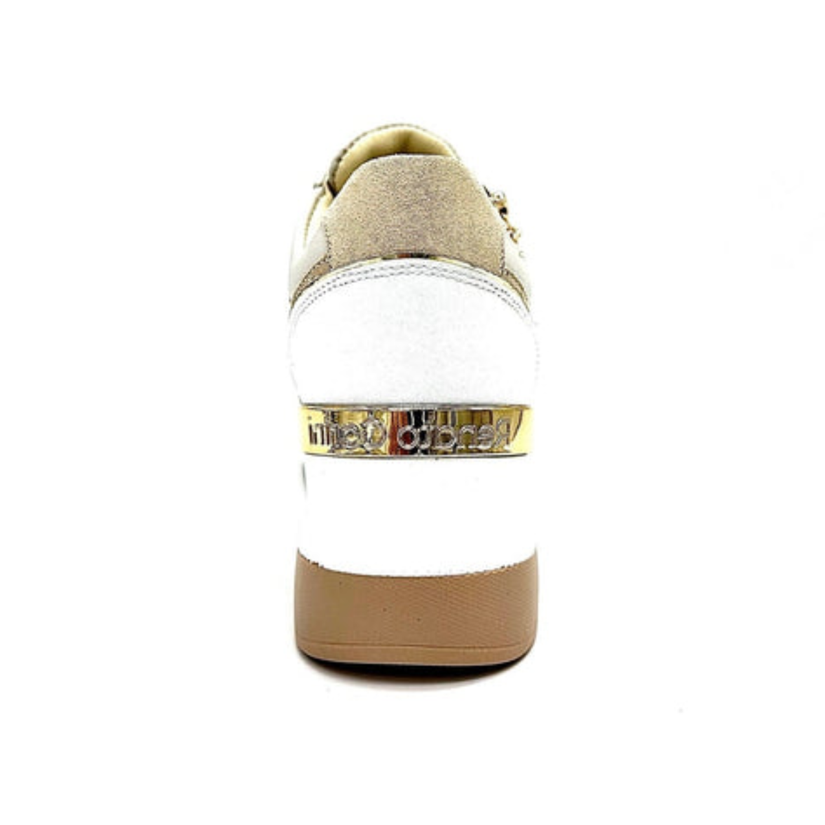 Rear view of Renato Garini 34-41EX50 off-white and beige wedge sneaker showing gold-tone heel band and tan tread