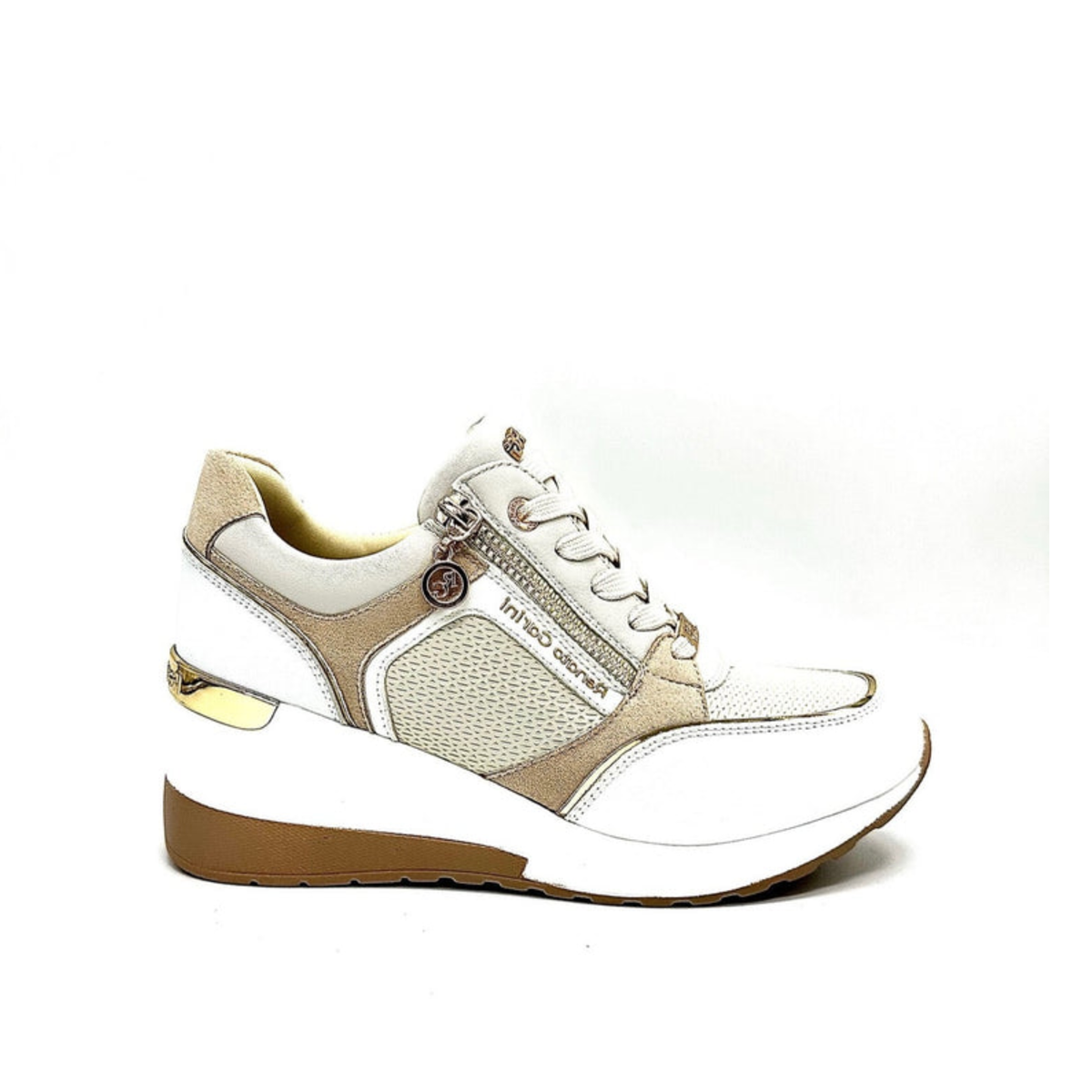 Renato Garini 34-41EX50 off-white and beige wedge sneaker with textured side panel and light gold heel trim, side profile