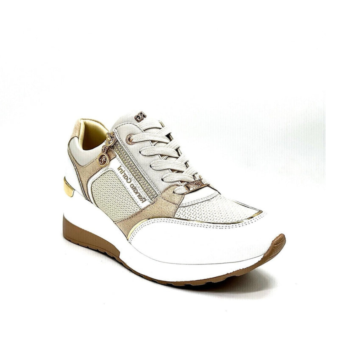 Renato Garini 34-41EX50 off-white and beige wedge sneaker at a three-quarter angle, showing laces and layered panels