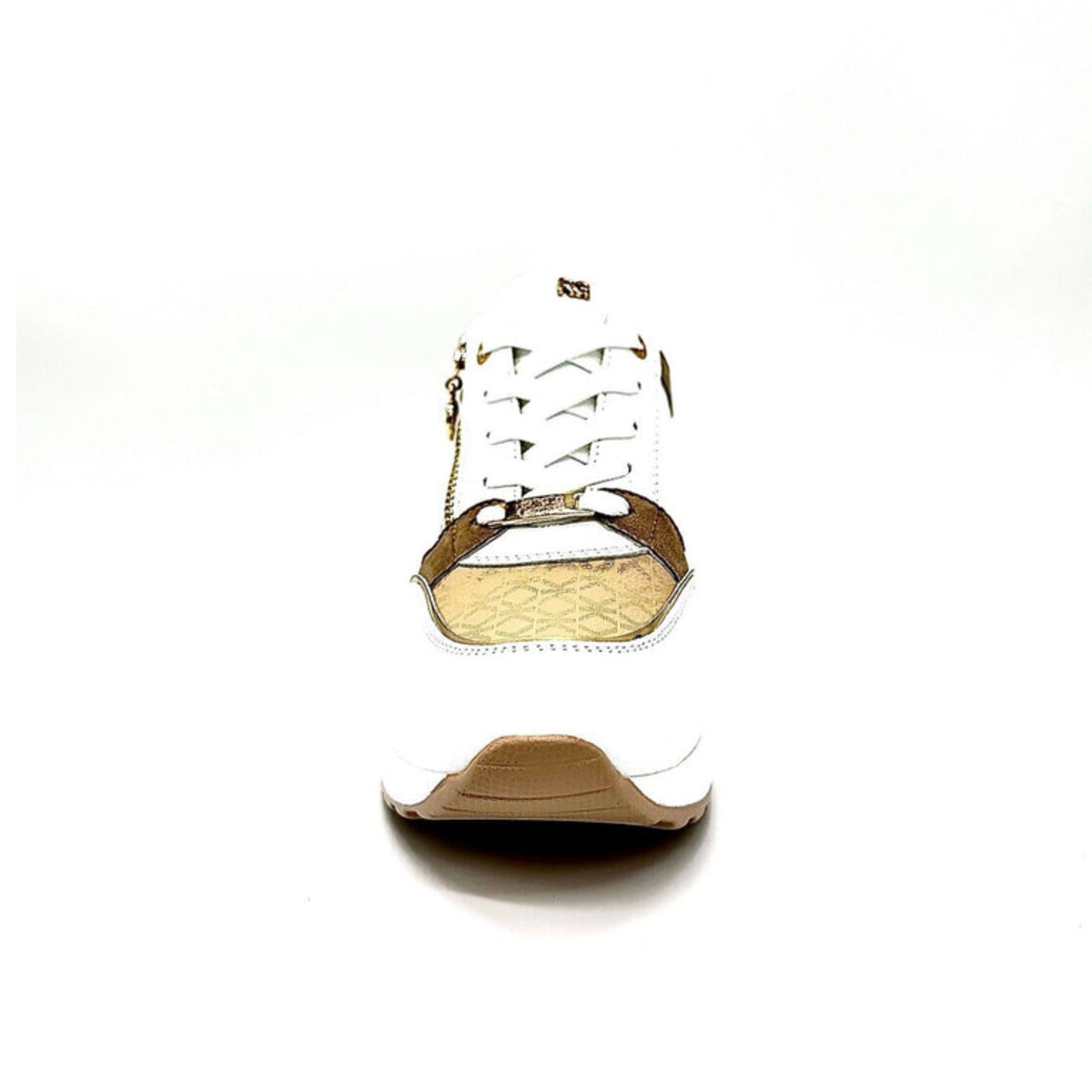 Front view of Renato Garini 34-41EX50 white and camel wedge sneaker with white laces and gold-tone textured toe panel