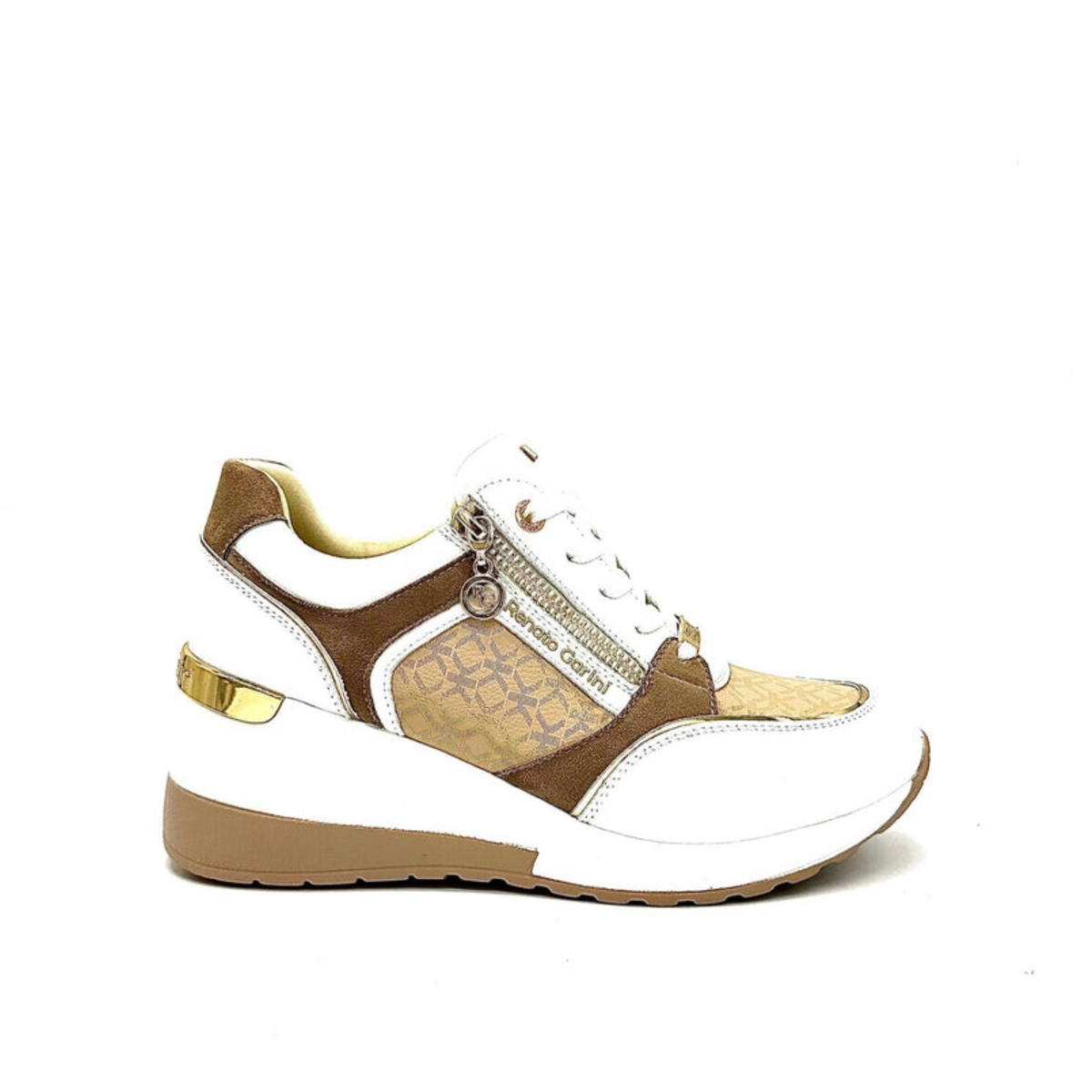Renato Garini 34-41EX50 white and camel wedge sneaker with textured gold-tone panels and metallic heel trim, side profile