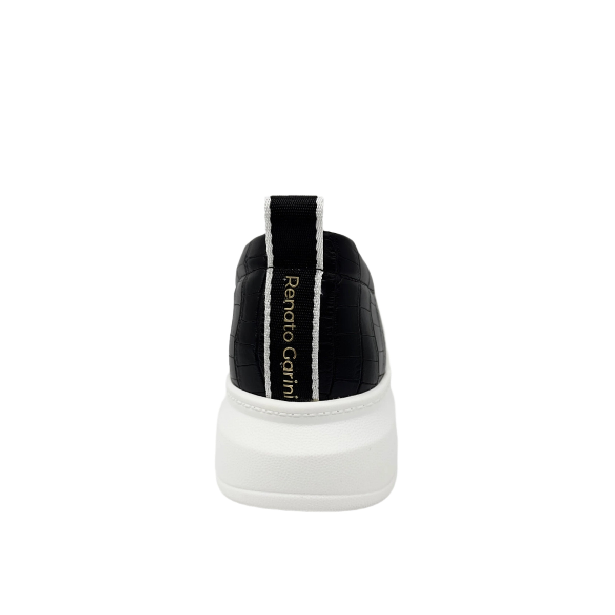 RENATO GARINI 66-22WEX106 platform sneaker in Black/White, rear view showing the contrasting heel panel and pull tab