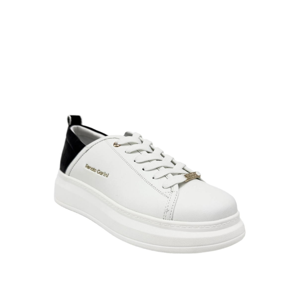 RENATO GARINI 66-22WEX106 platform sneaker in Black/White, three-quarter view showing the lace-up front and rounded toe
