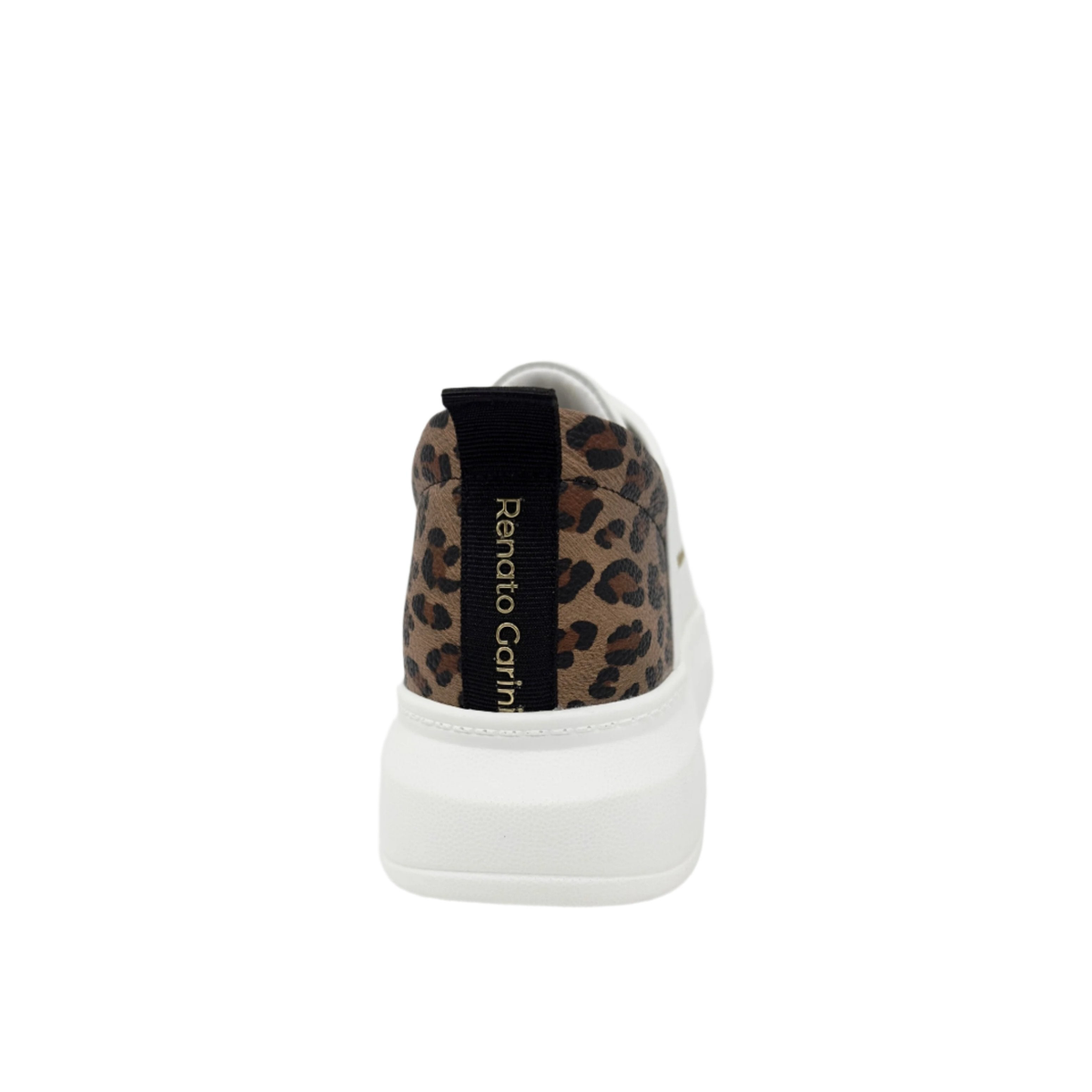 RENATO GARINI 66-22WEX106 platform sneaker in Leopard/White, rear view showing the contrasting heel panel and pull tab