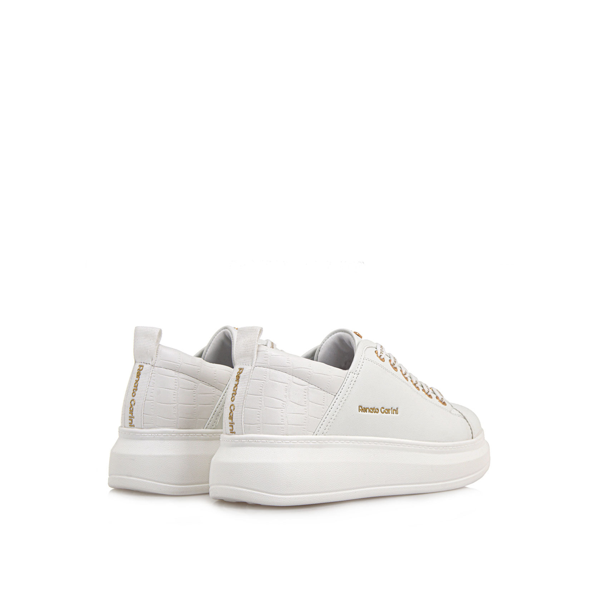 RENATO GARINI 66-22WEX106 platform sneaker in White, rear three-quarter view of the pair showing textured heel panels