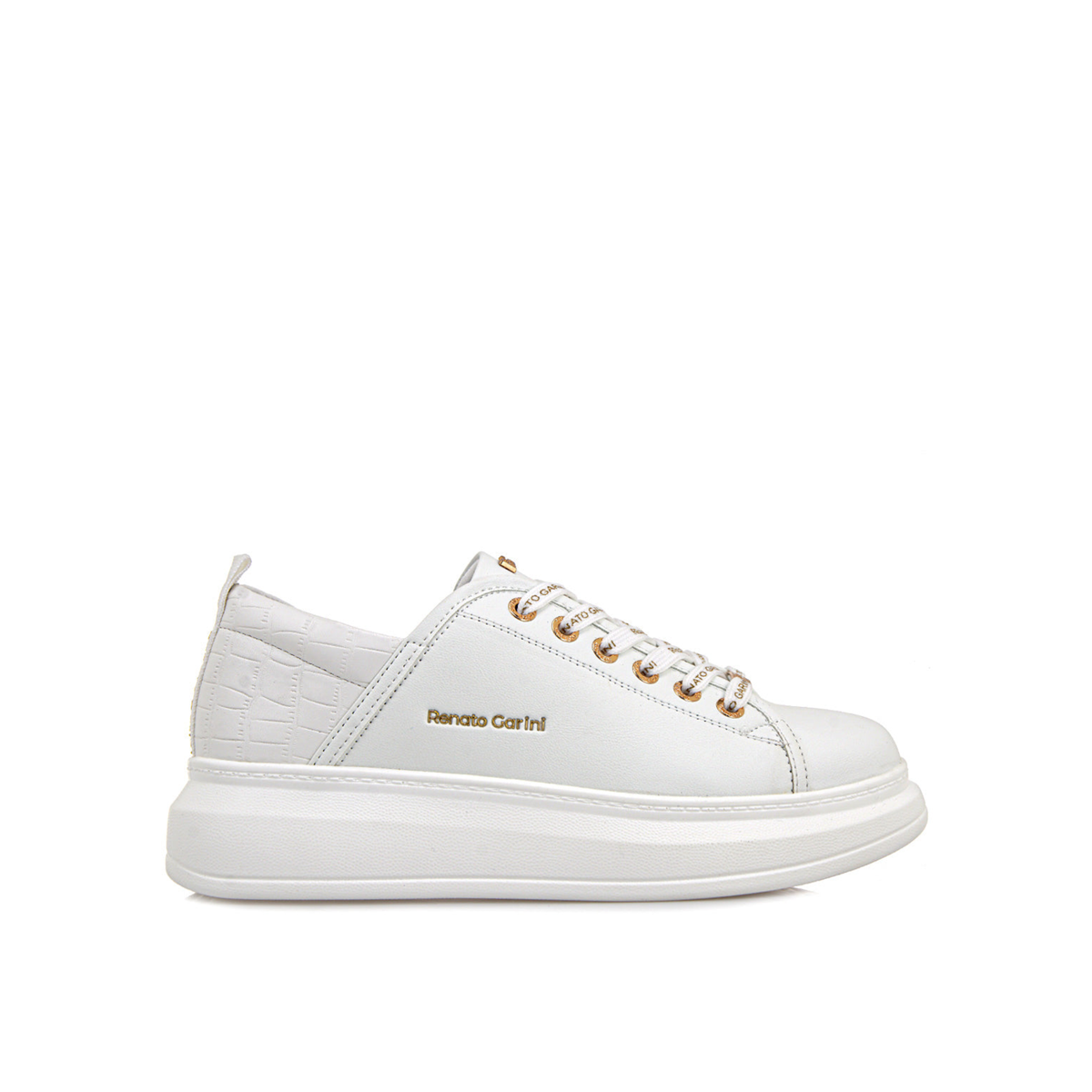 RENATO GARINI 66-22WEX106 platform sneaker in White, side profile showing the platform sole and heel panel