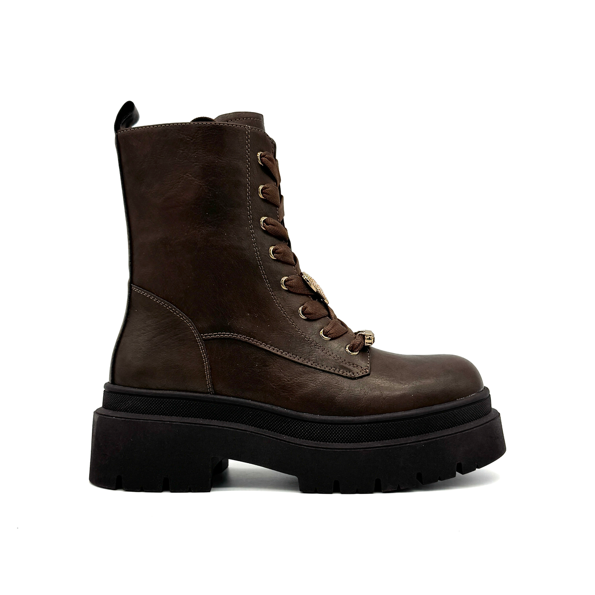 Renato Garini 671-62RG12 brown platform combat boot with gold-tone lace accents, outside profile.