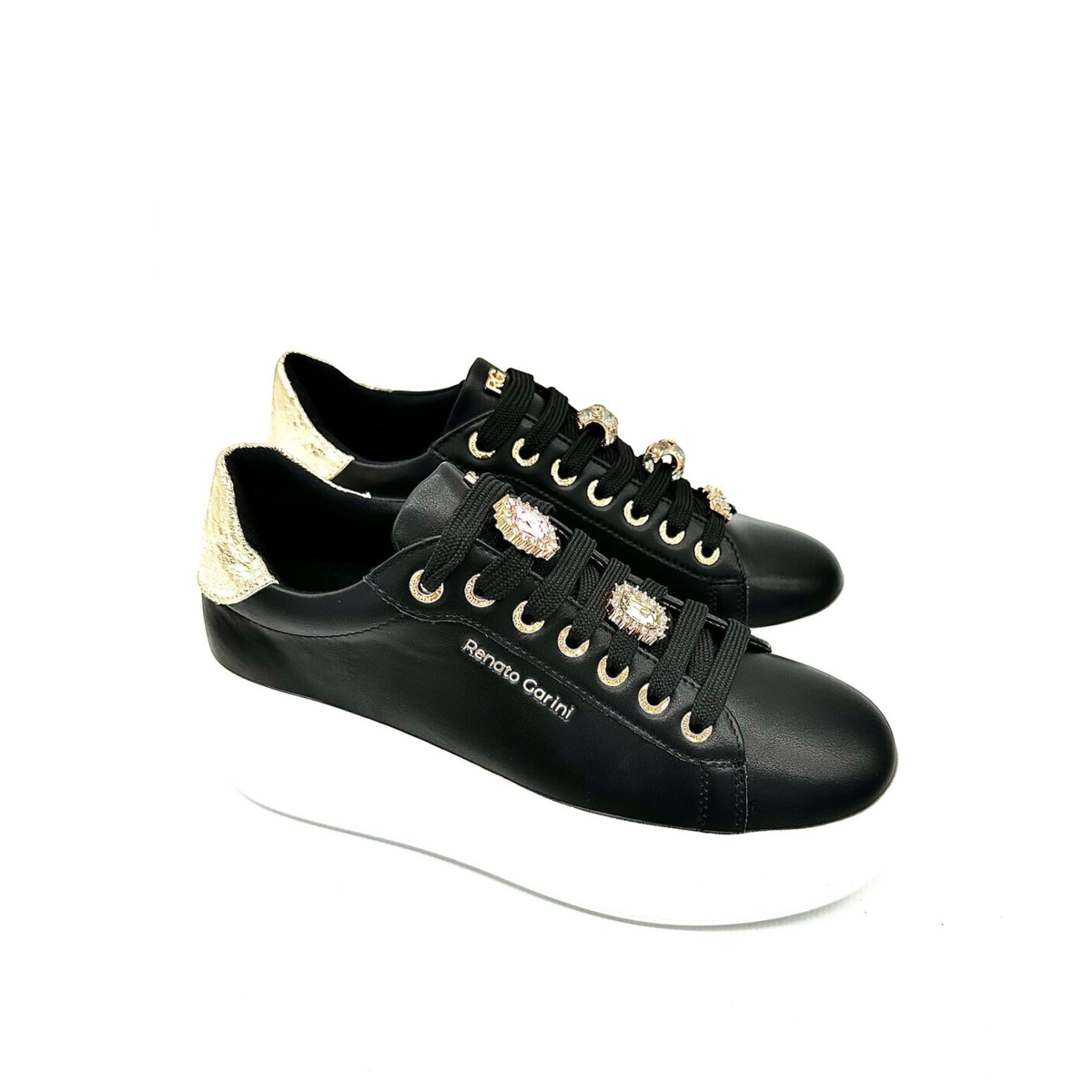 RENATO GARINI 88-32 black embellished lace-up platform sneakers, close-up angle highlighting sparkling removable lace ornaments and gold-tone eyelets