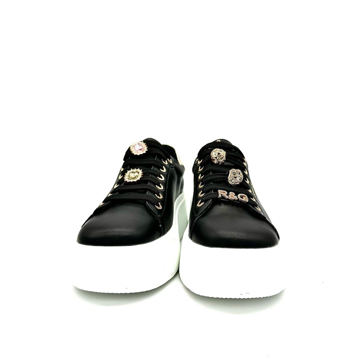 RENATO GARINI 88-32 black embellished lace-up platform sneakers, front view of the pair showing removable stone lace embellishments and platform soles