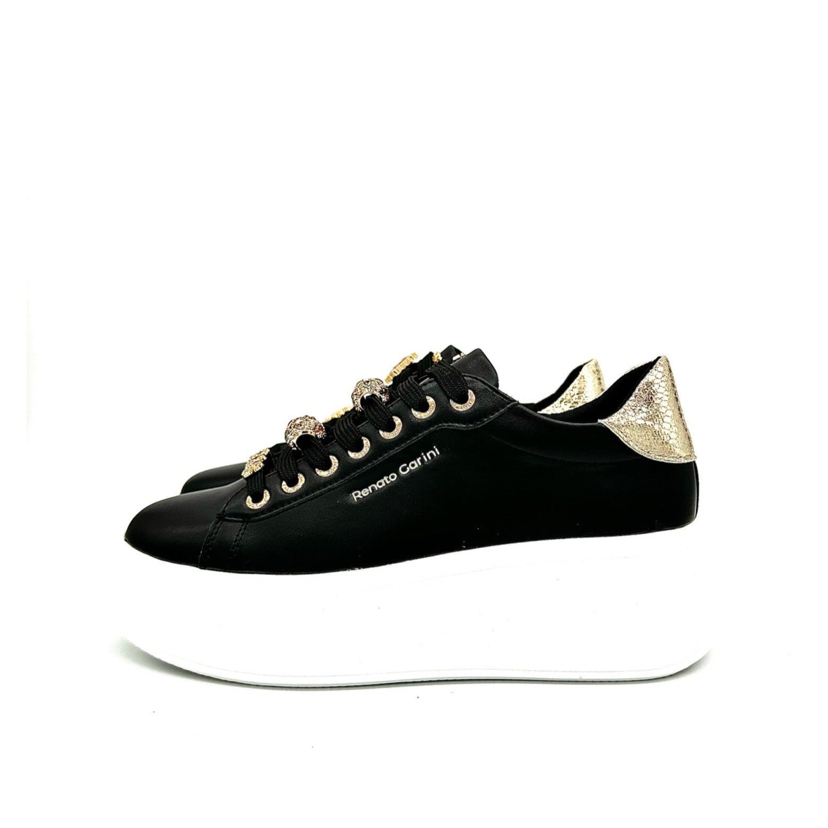 RENATO GARINI 88-32 black embellished lace-up platform sneakers, inner side profile of the pair with gold-tone branding and white platform soles