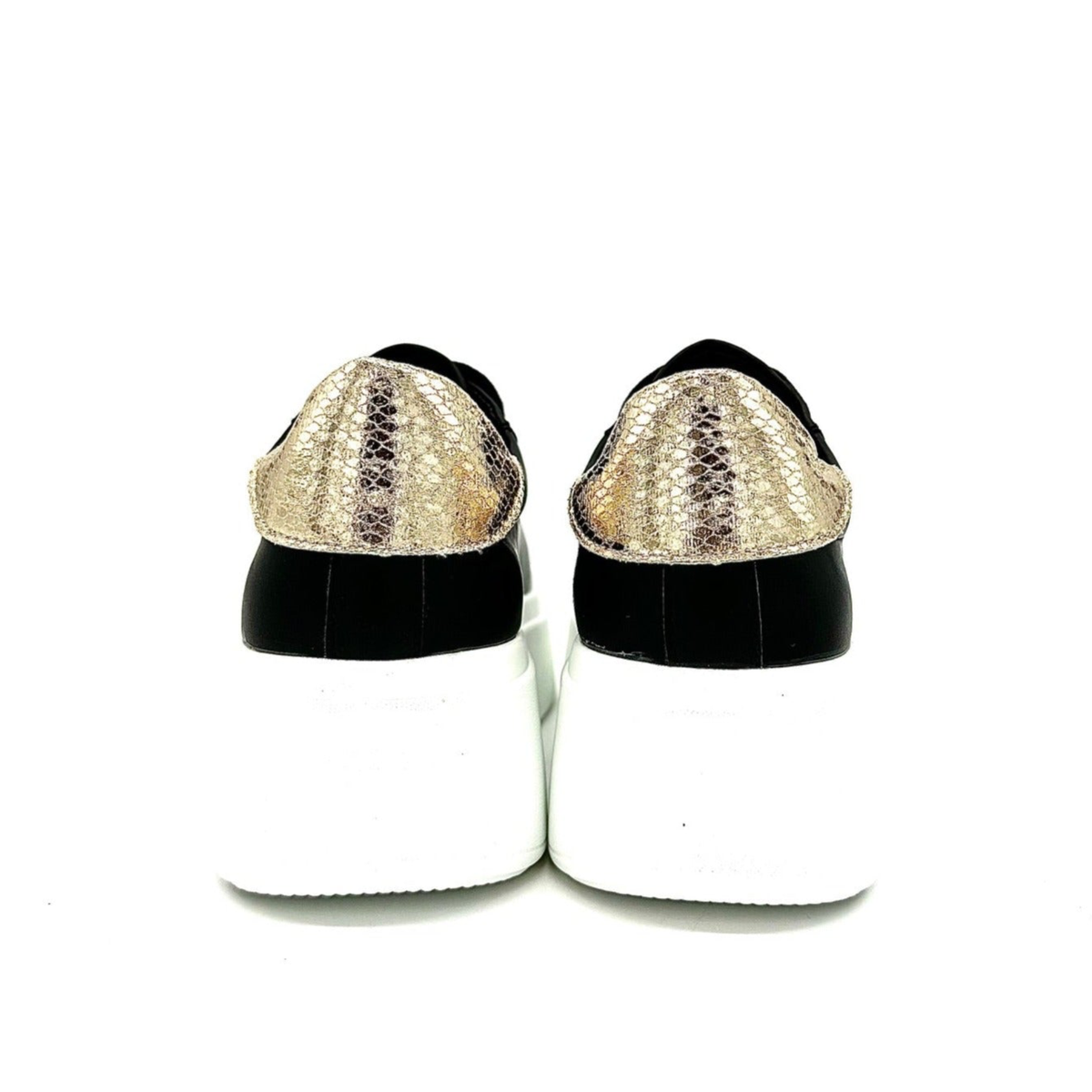 RENATO GARINI 88-32 black embellished lace-up platform sneakers, rear view of the pair showing shimmering gold-tone heel panels above white platform soles