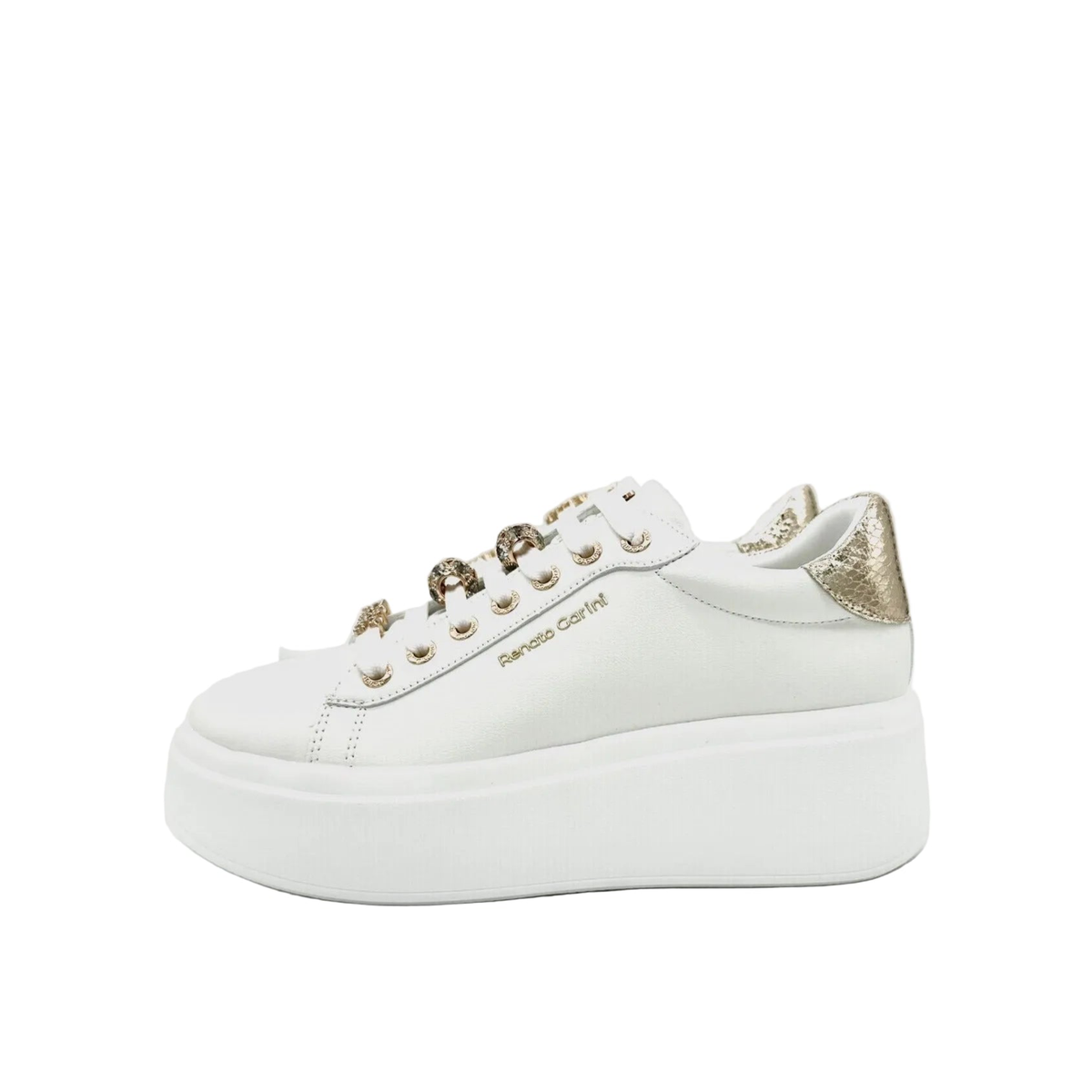RENATO GARINI 88-32 white embellished lace-up platform sneakers, inner side profile of the pair with gold-tone branding and white platform soles