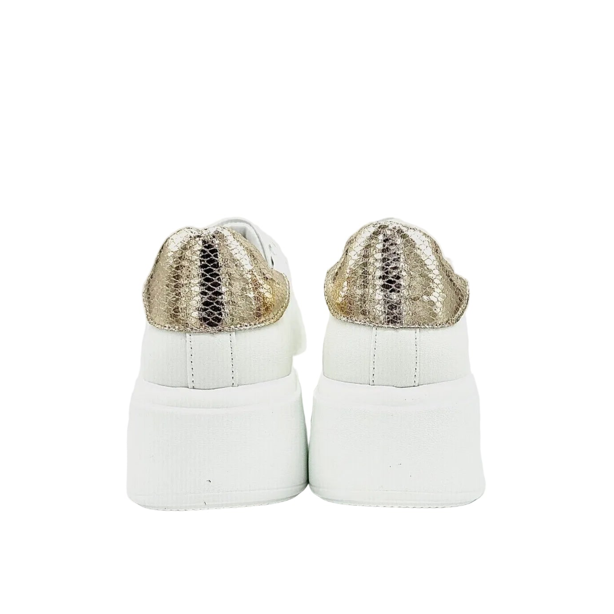 RENATO GARINI 88-32 white embellished lace-up platform sneakers, rear view of the pair showing shimmering gold-tone heel panels above white platform soles