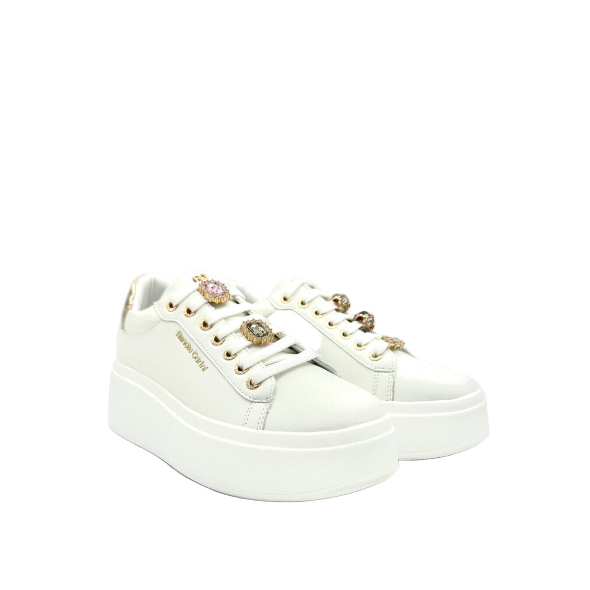 RENATO GARINI 88-32 white embellished lace-up platform sneakers, three-quarter view of the pair showing sparkling lace ornaments and rounded toes