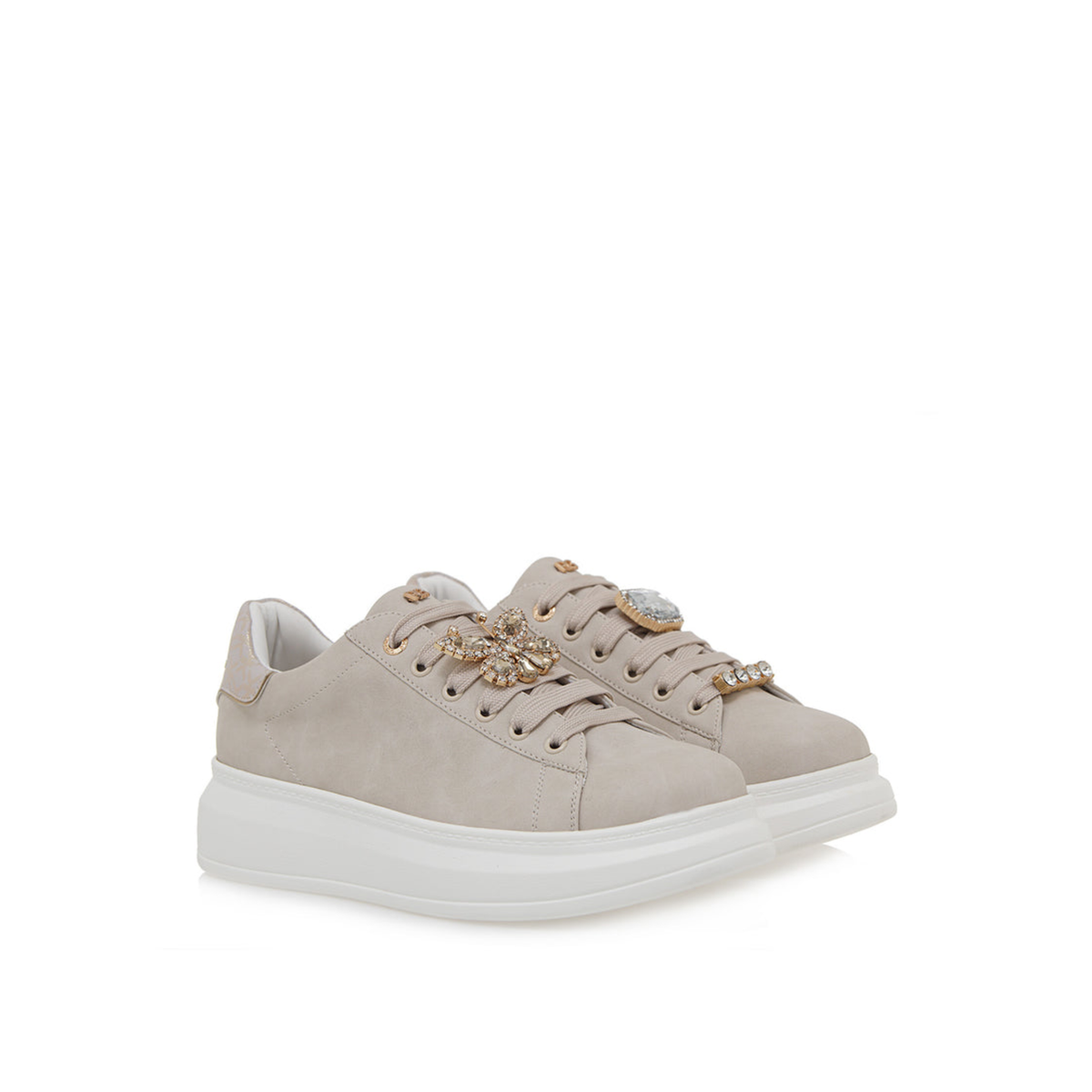 Pair of Renato Garini Butterfly beige platform sneakers at a three-quarter angle, showing jeweled lace details and rounded toes