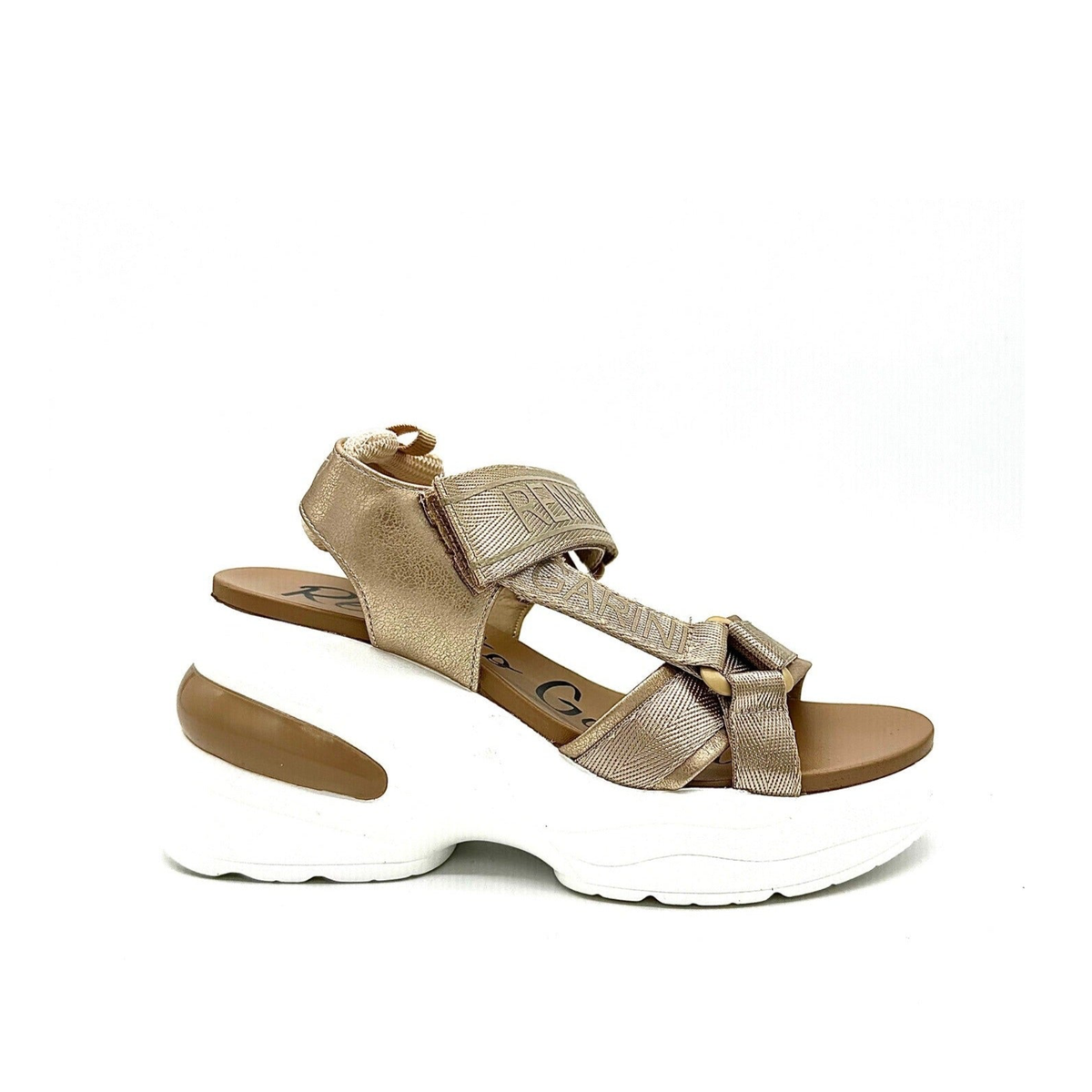 RENATO GARINI DMD-230826-2 platform sandal in Champagne/Bronze, side profile showing metallic panels and a sculpted white platform
