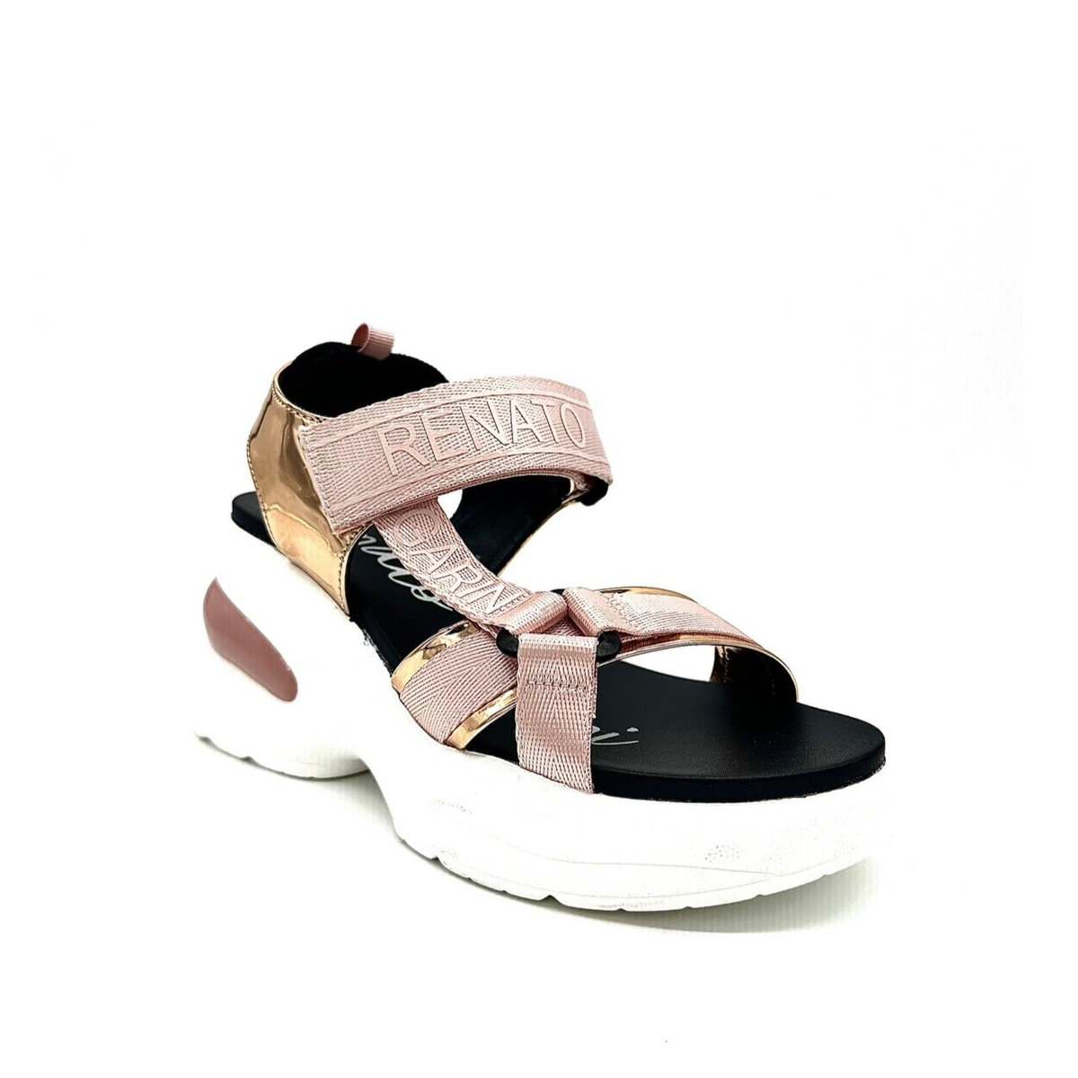 RENATO GARINI DMD-230826-2 platform sandal in Gold/Pink, three-quarter view showing adjustable straps and an open toe