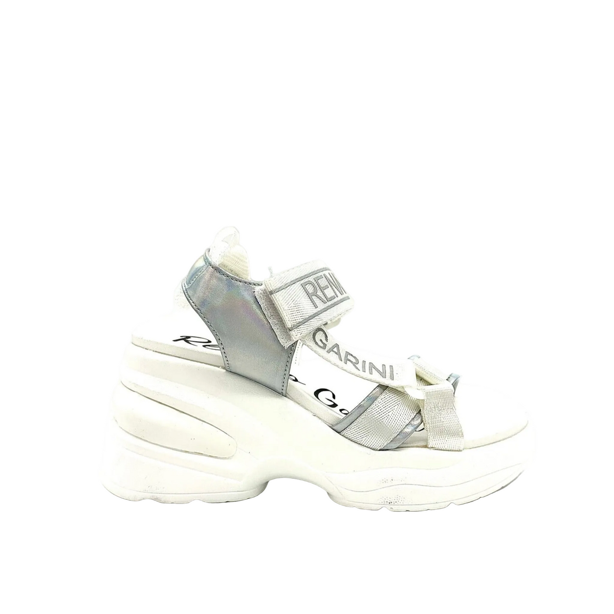RENATO GARINI DMD-230826-2 platform sandal in White/Silver, side profile showing metallic panels and a sculpted white platform