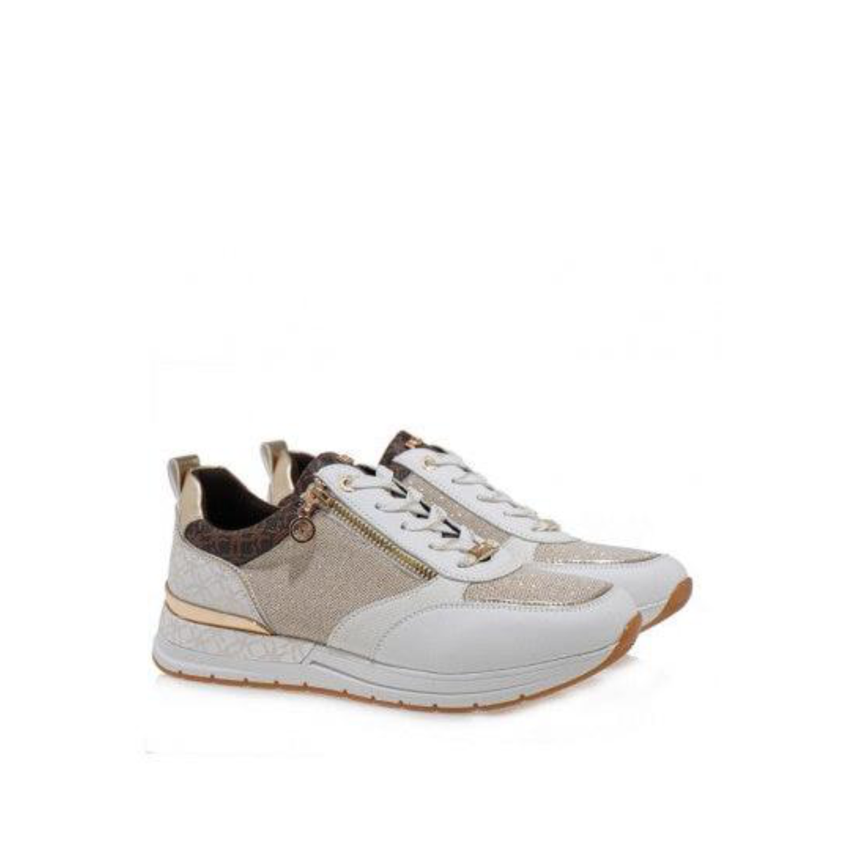 Pair of Renato Garini EX01 zip platform sneakers at a three-quarter angle, showing white laces and layered neutral panels