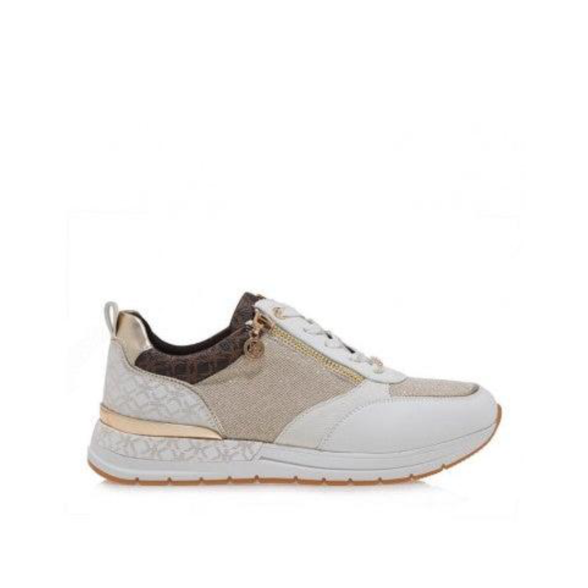 Renato Garini EX01 neutral multicolor platform sneaker with beige panels, contrasting collar and gold-tone trim, side profile